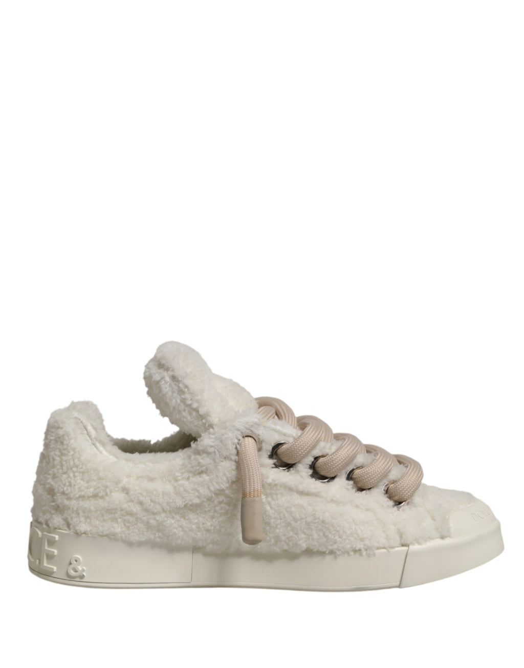 Dolce & Gabbana White Faux Shearling Low Top Sneakers  Shoes
