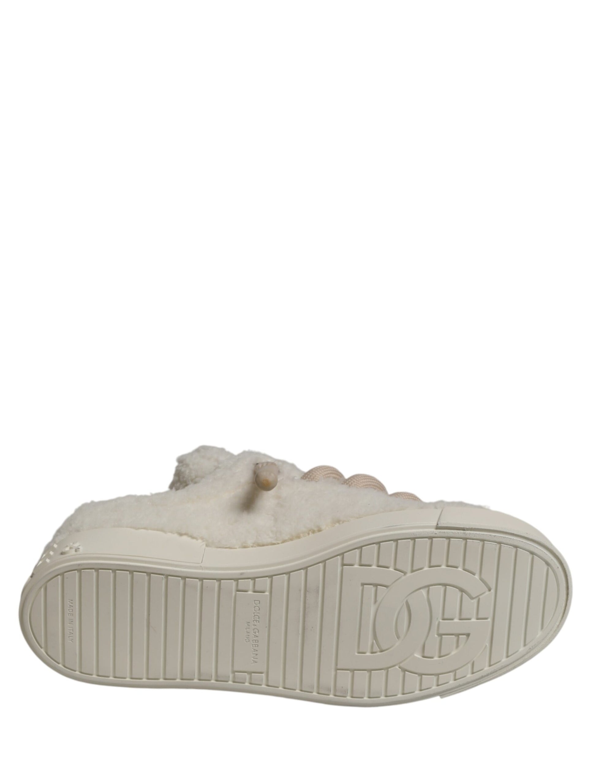Dolce & Gabbana White Faux Shearling Low Top Sneakers  Shoes