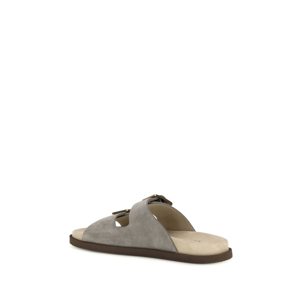 Brunello Cucinelli Gray Calf Leather Bos Taurus Sandals - Allority