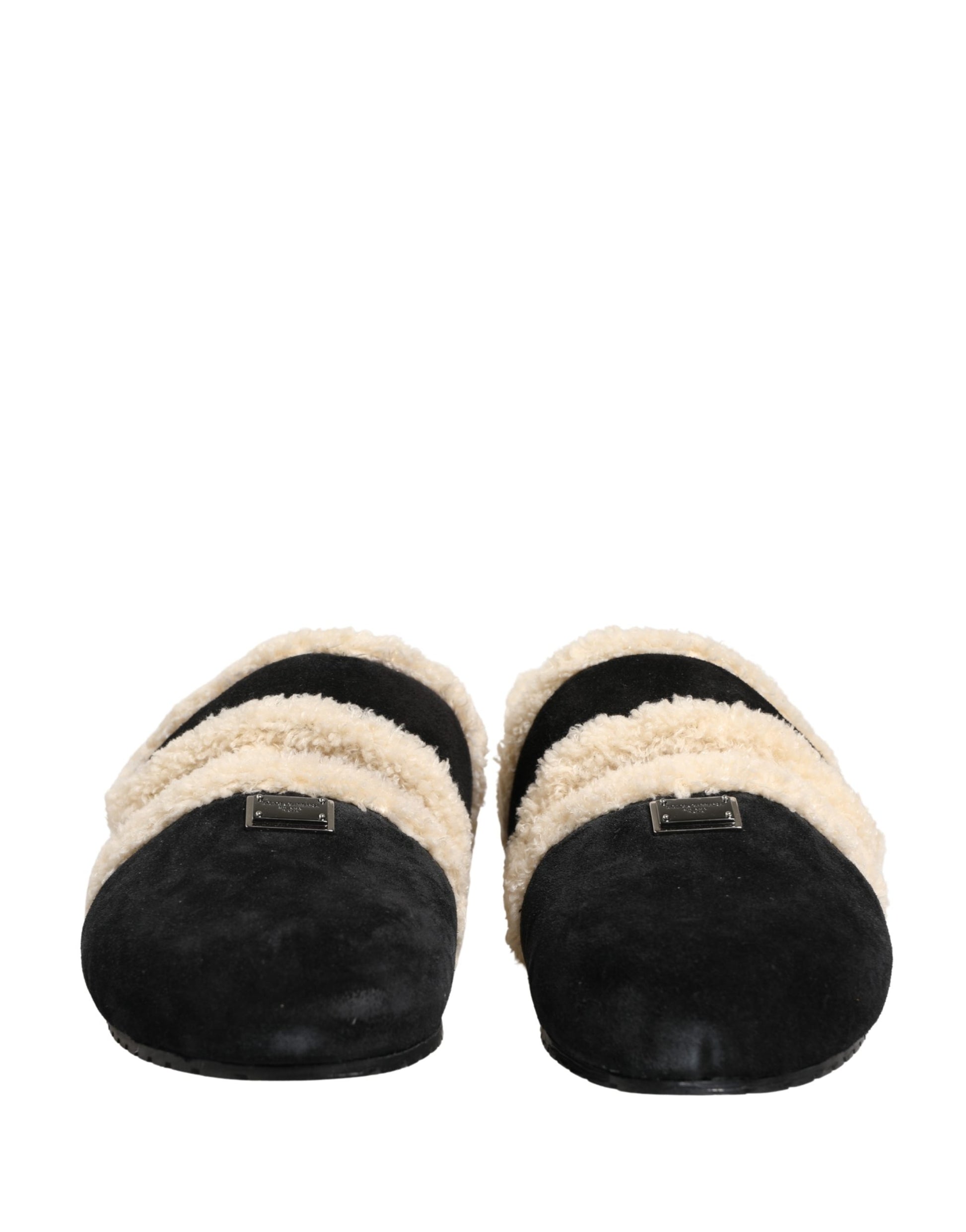 Dolce & Gabbana Beige Black Faux Fur Flats Men Sandals Shoes