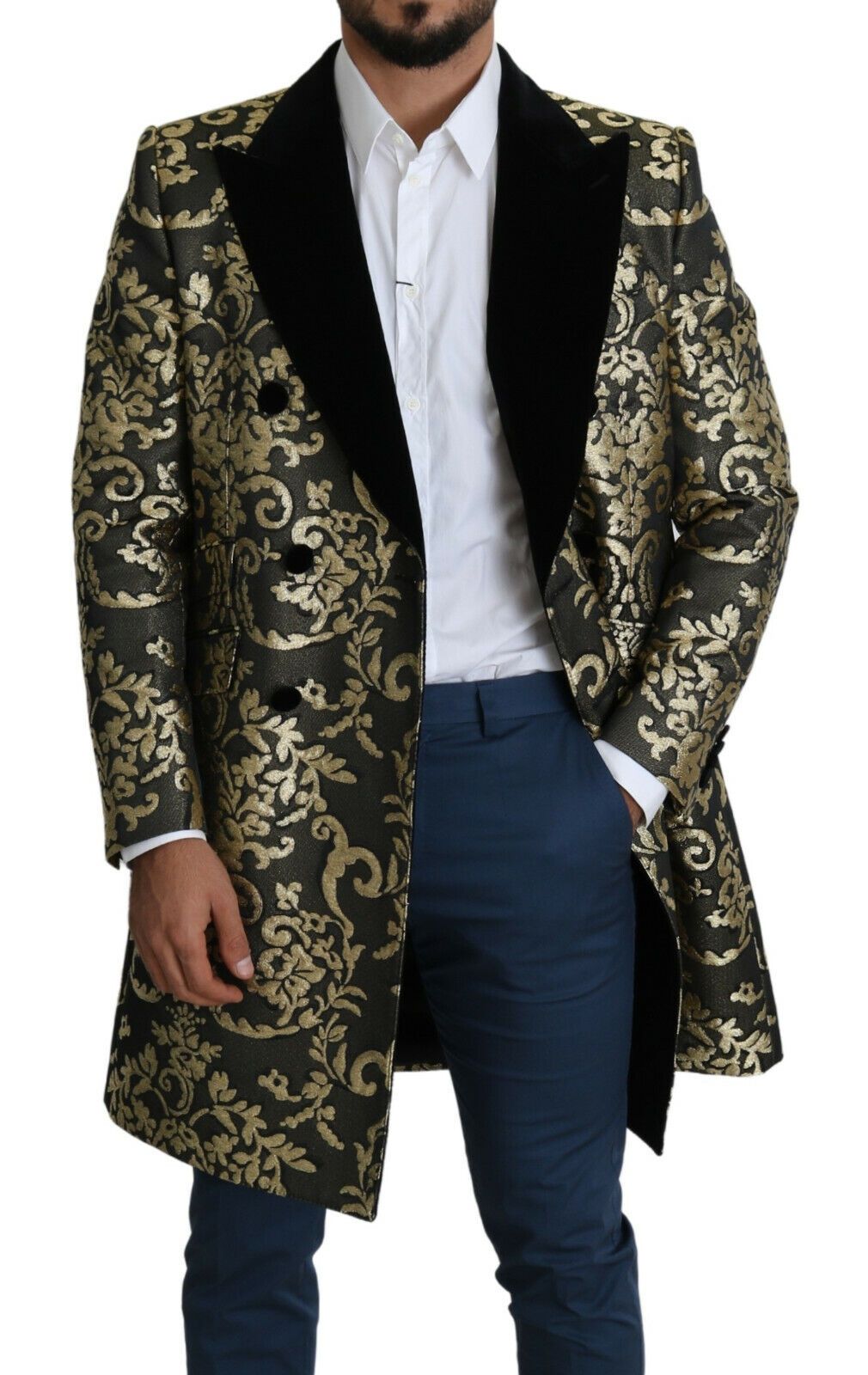Dolce &amp; Gabbana Goldschwarzer Sicilia-Jacquard-Zweireihermantel