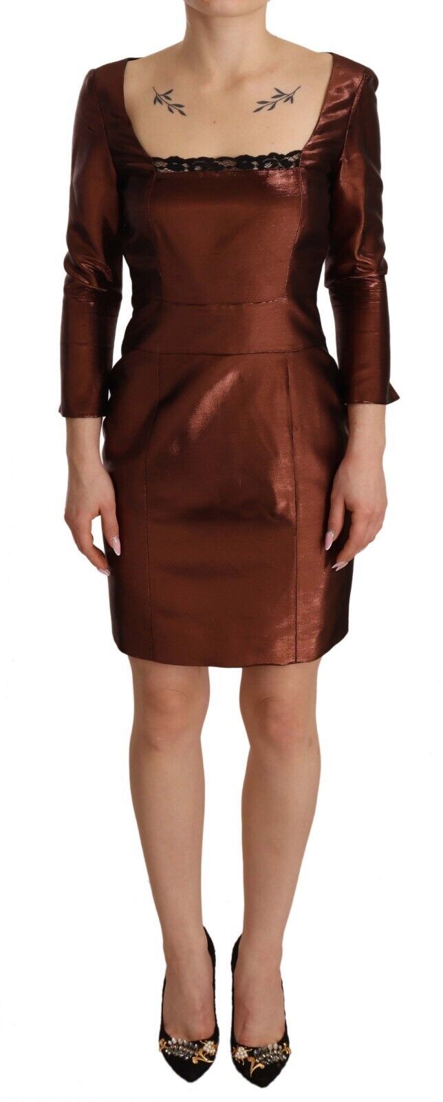 GF Ferre Elegantes bronzefarbenes Etui-Minikleid mit quadratischem Ausschnitt