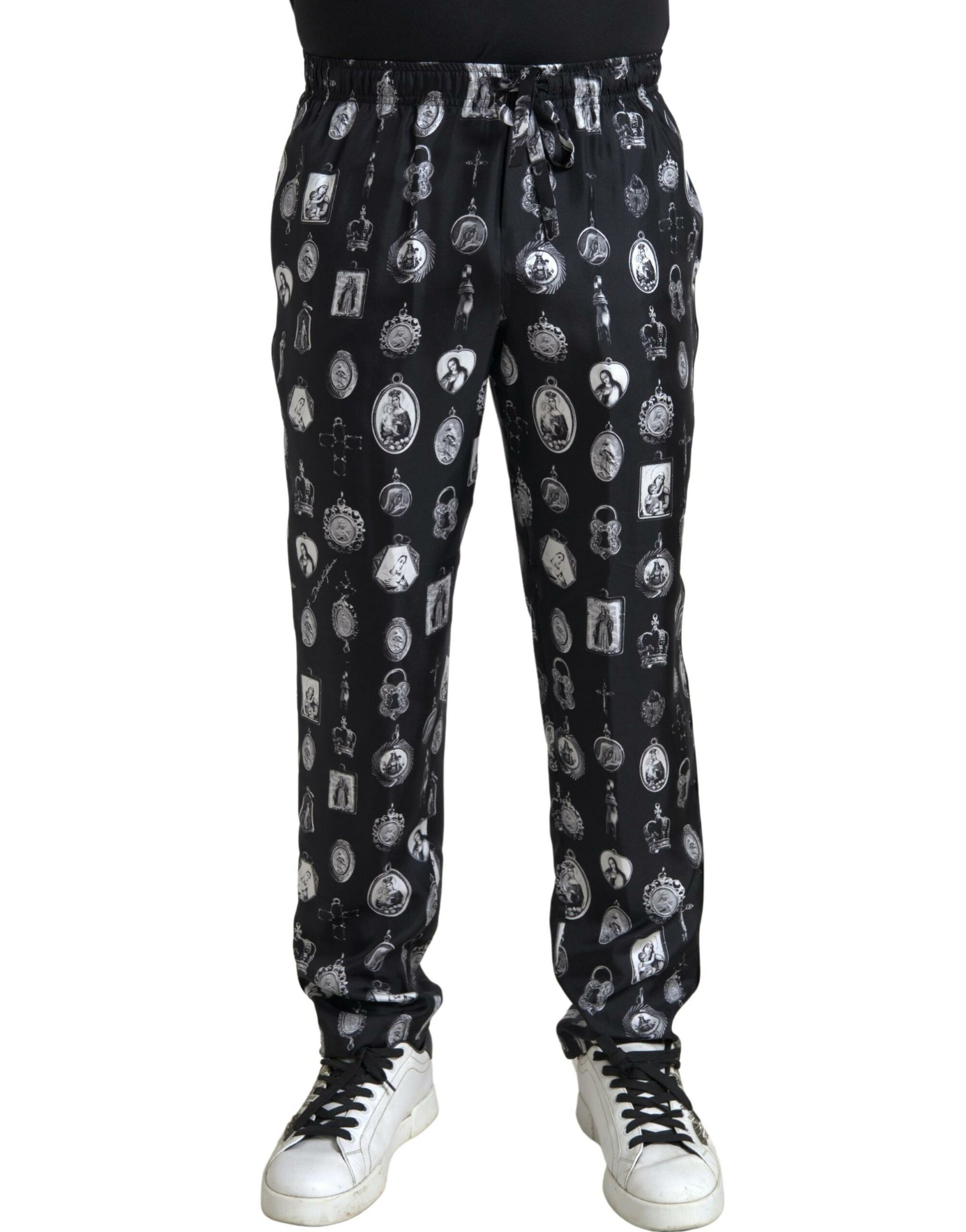 Dolce &amp; Gabbana – Elegante Jogginghose aus Seide mit religiösem Aufdruck