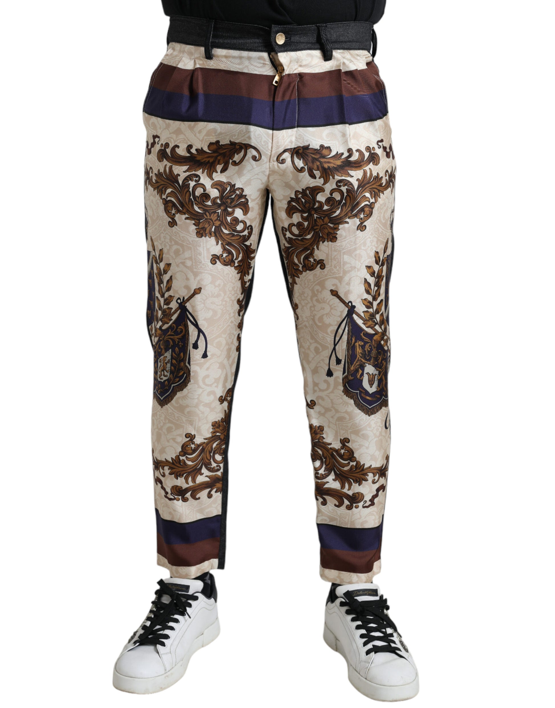 Dolce &amp; Gabbana Elegante Skinny-Hose aus Seide mit heraldischem Print