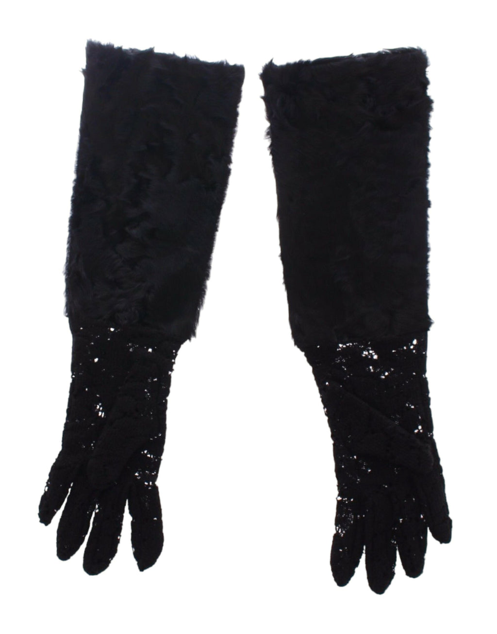 Dolce &amp; Gabbana – Schwarze Ellbogenhandschuhe aus Wollspitze und Lammfell