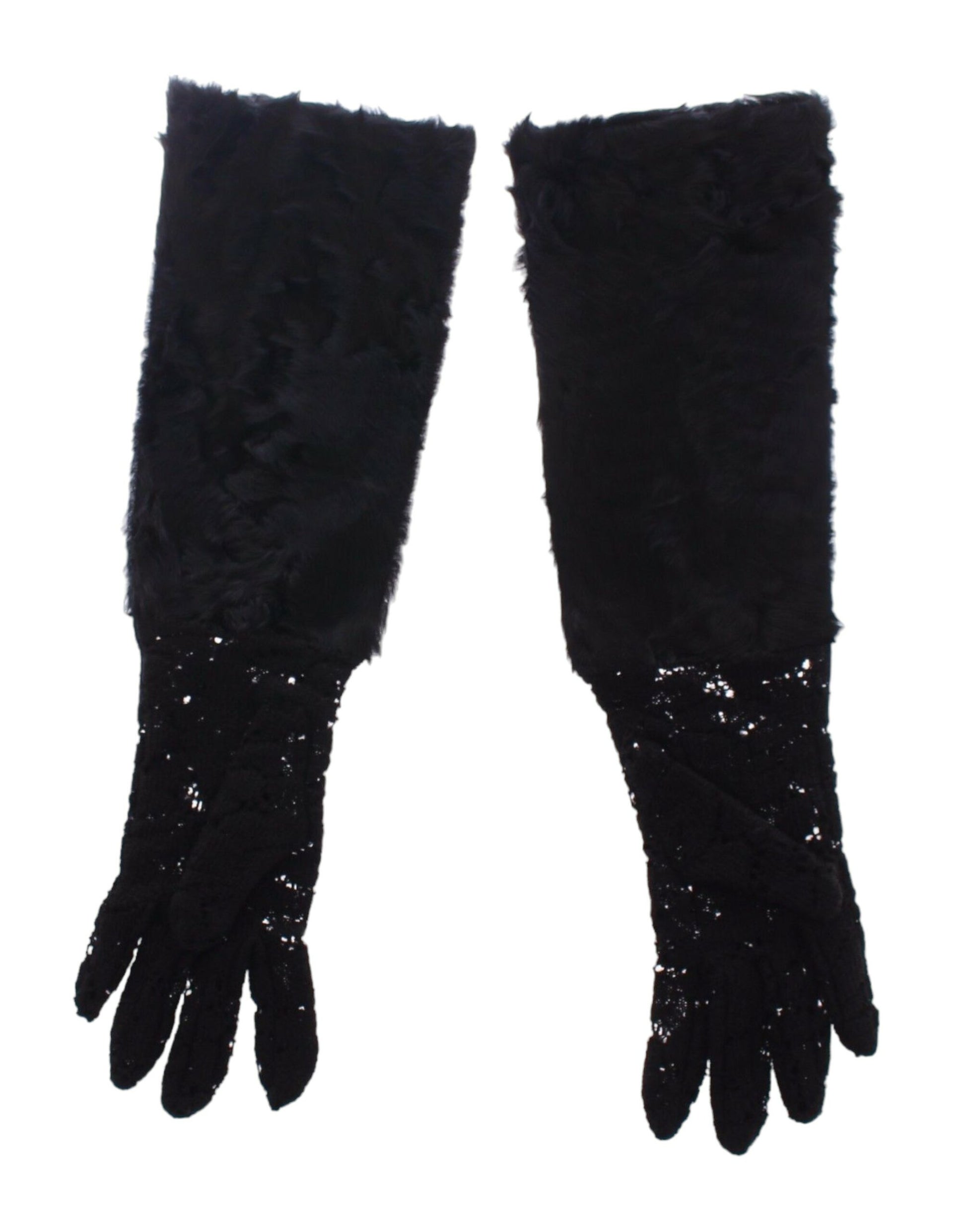 Dolce &amp; Gabbana – Schwarze Ellbogenhandschuhe aus Wollspitze und Lammfell