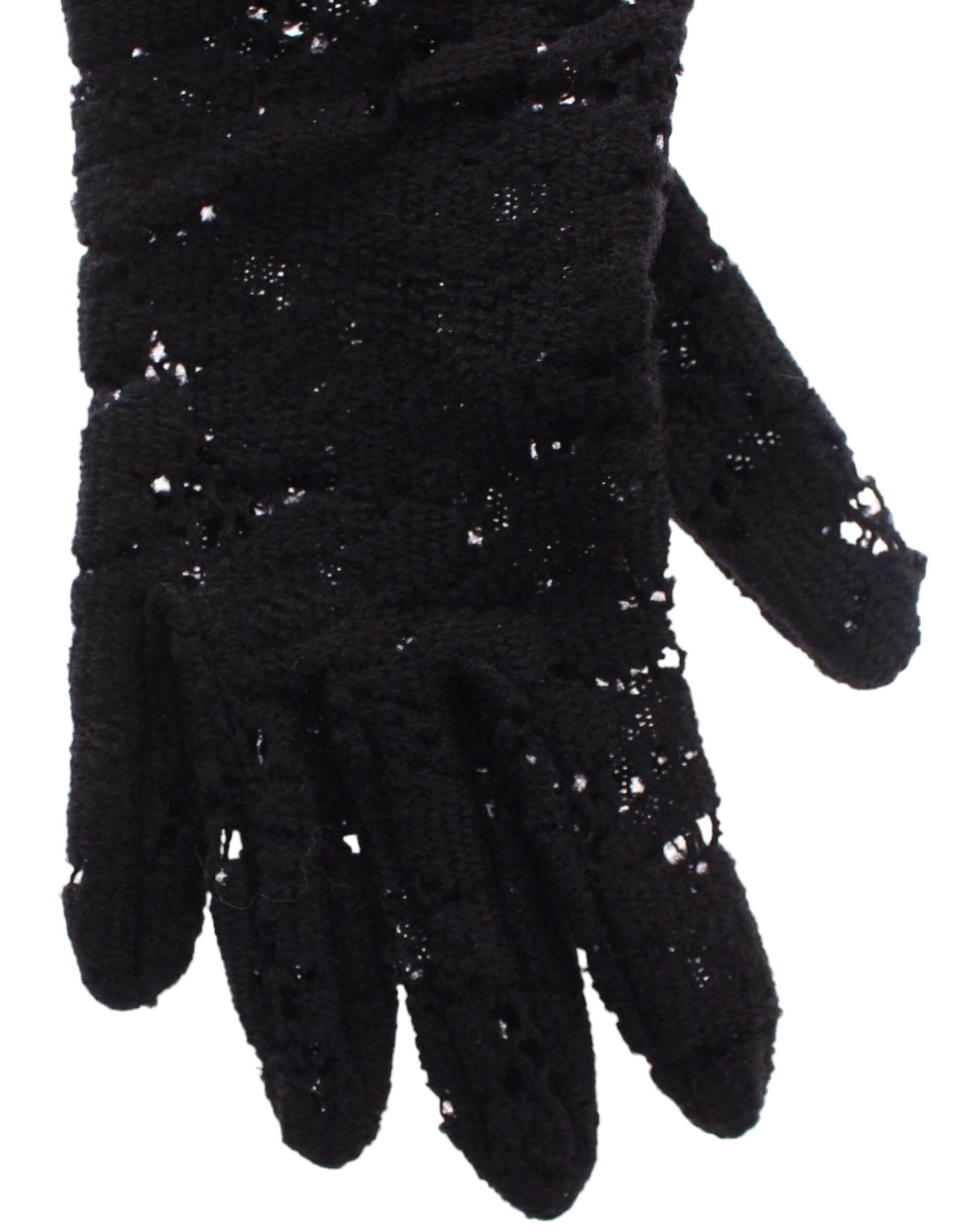 Dolce &amp; Gabbana – Schwarze Ellbogenhandschuhe aus Wollspitze und Lammfell