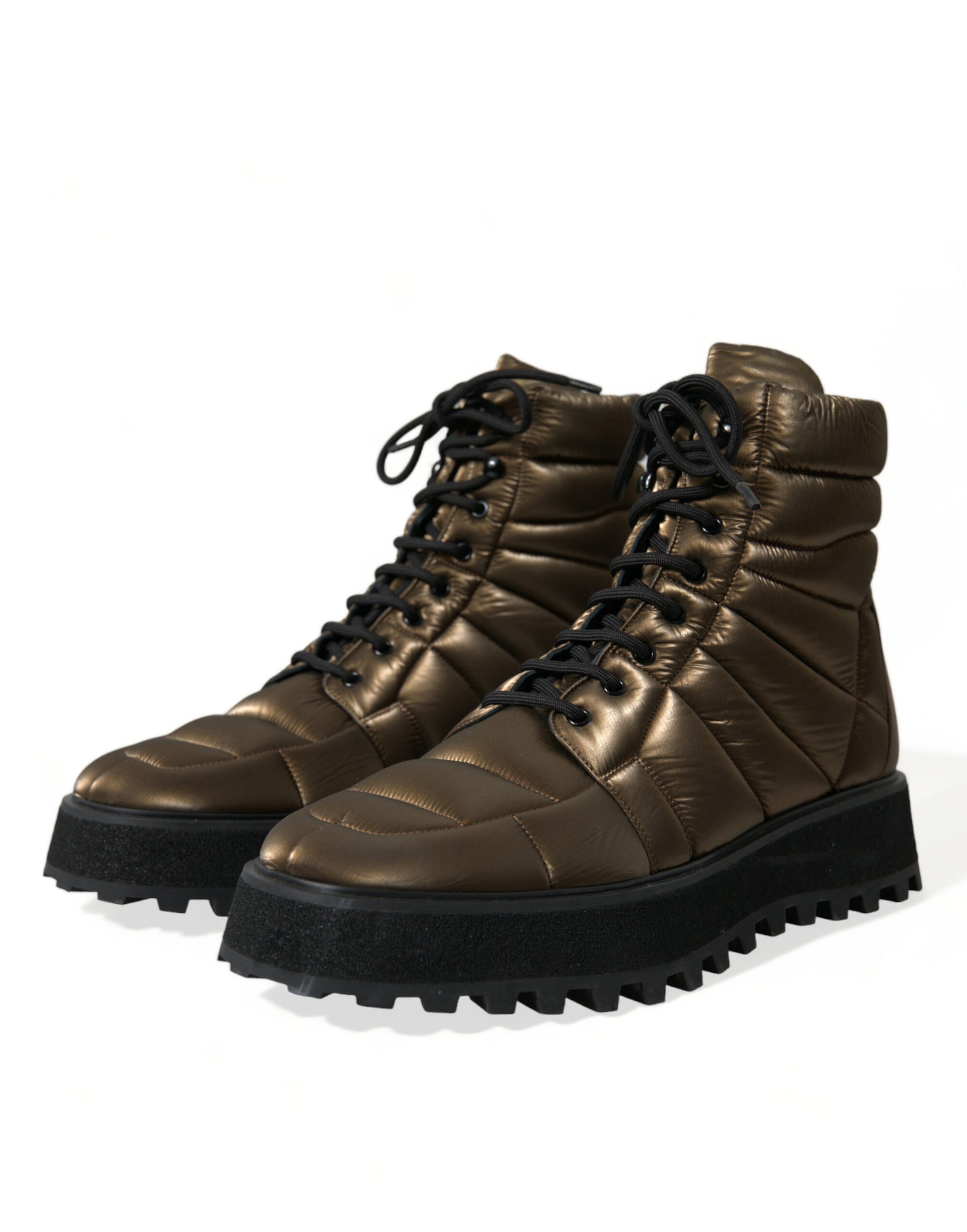 Dolce &amp; Gabbana – Gepolsterte Plateaustiefel in Bronze mit DG-Logo-Platte