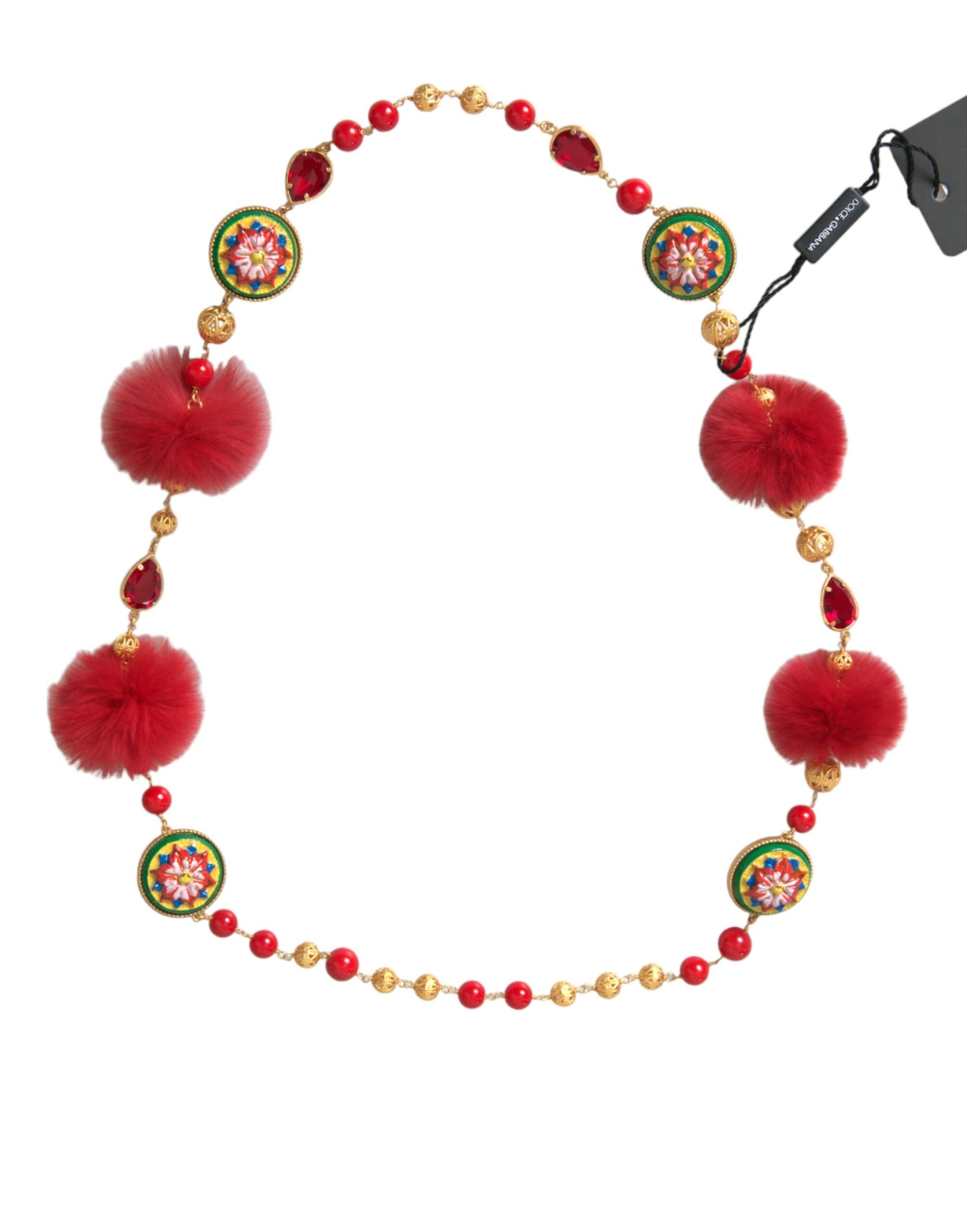 Dolce &amp; Gabbana Carretto-Kettenhalskette aus goldenem Messing mit rotem Pelz und Kristallen