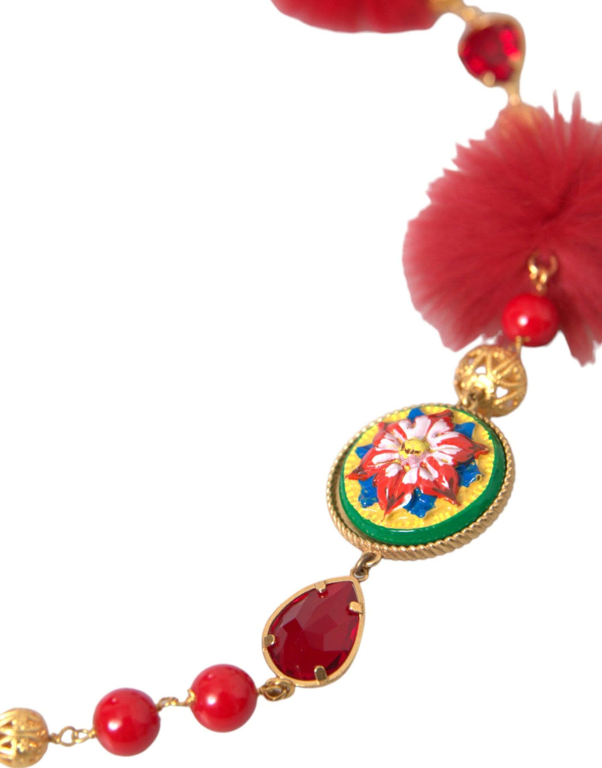 Dolce &amp; Gabbana Carretto-Kettenhalskette aus goldenem Messing mit rotem Pelz und Kristallen