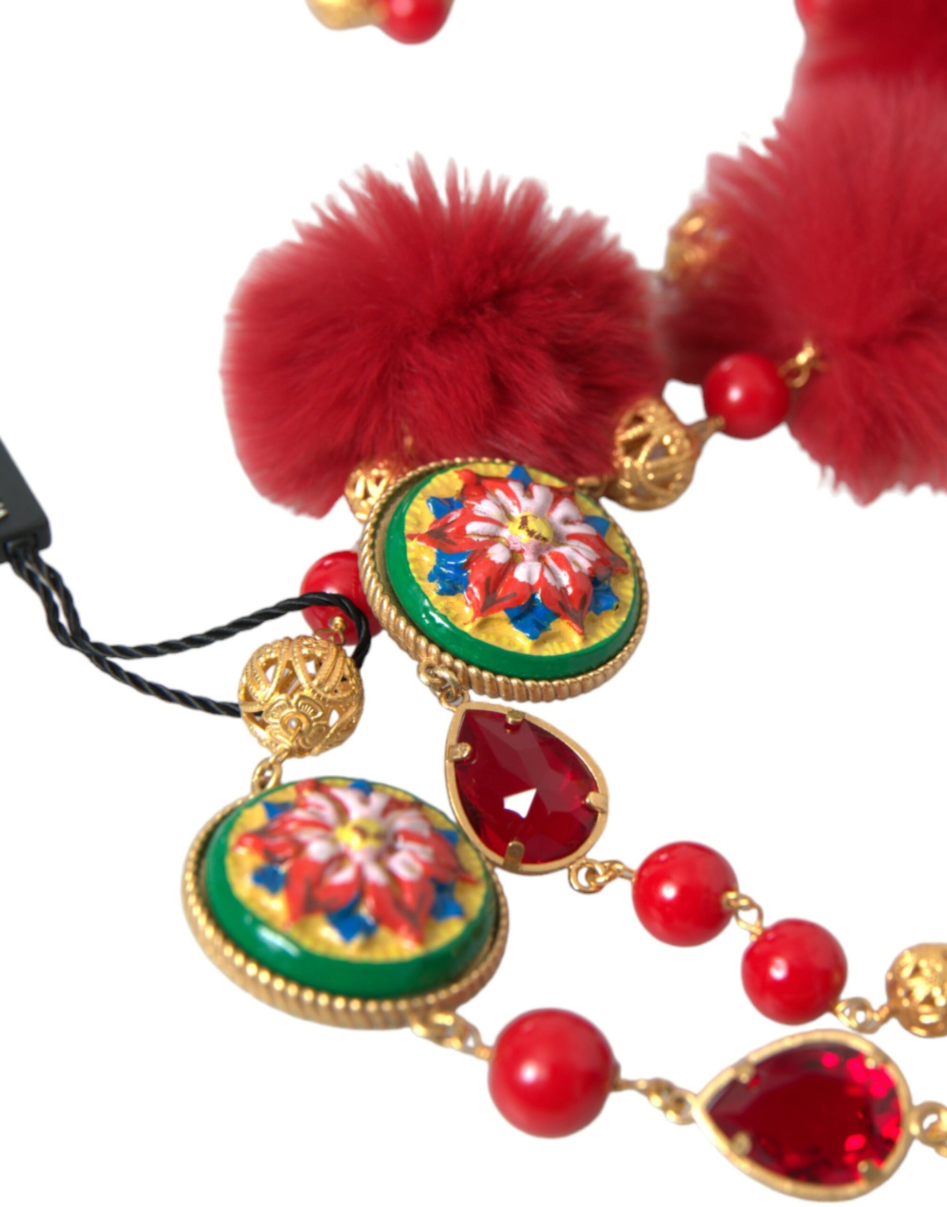 Dolce &amp; Gabbana Carretto-Kettenhalskette aus goldenem Messing mit rotem Pelz und Kristallen