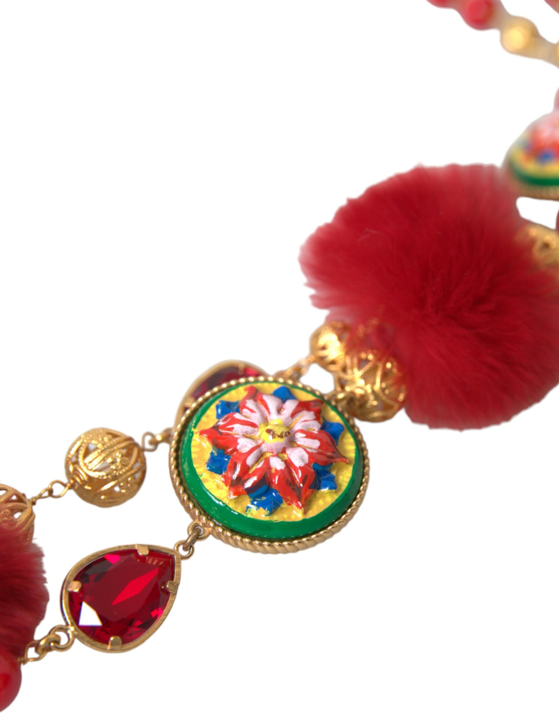 Dolce &amp; Gabbana Carretto-Kettenhalskette aus goldenem Messing mit rotem Pelz und Kristallen