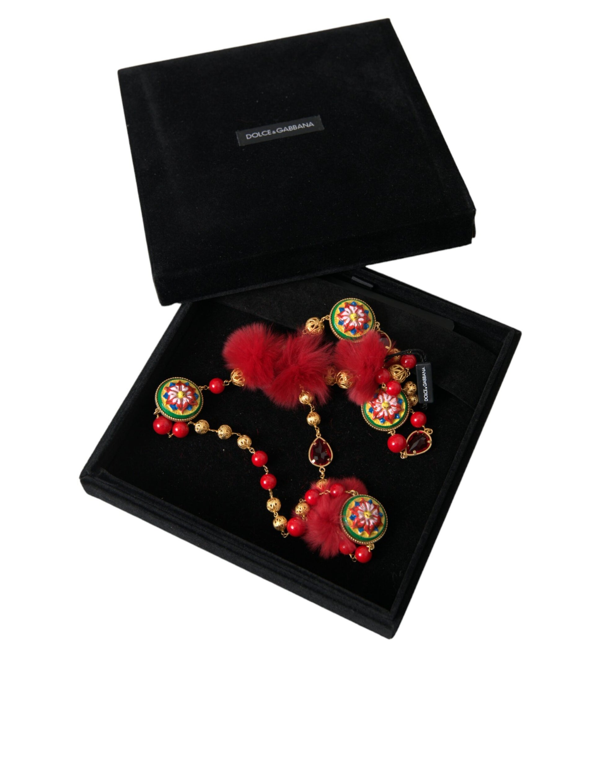 Dolce &amp; Gabbana Carretto-Kettenhalskette aus goldenem Messing mit rotem Pelz und Kristallen