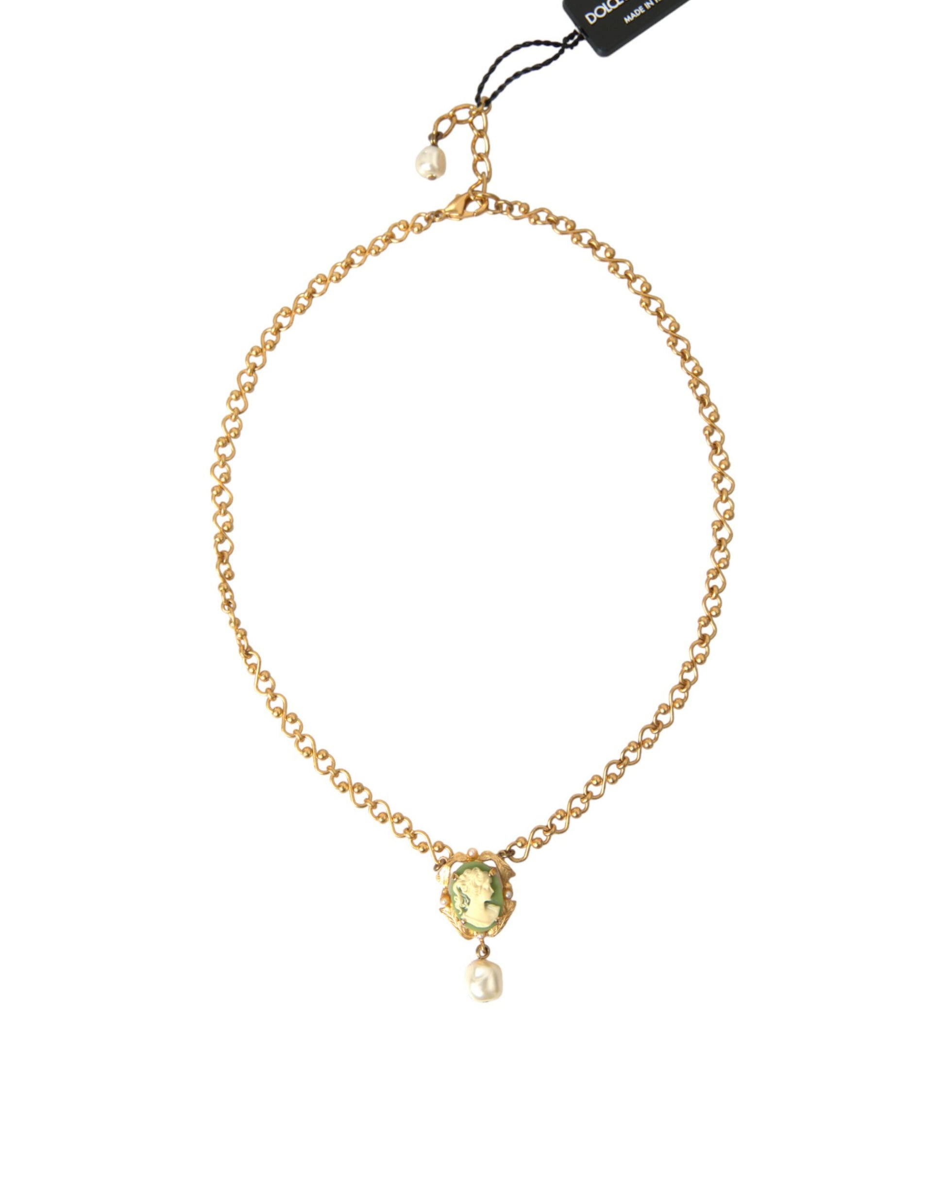 Dolce &amp; Gabbana Halskette mit Perlenanhänger aus goldener Messingkette