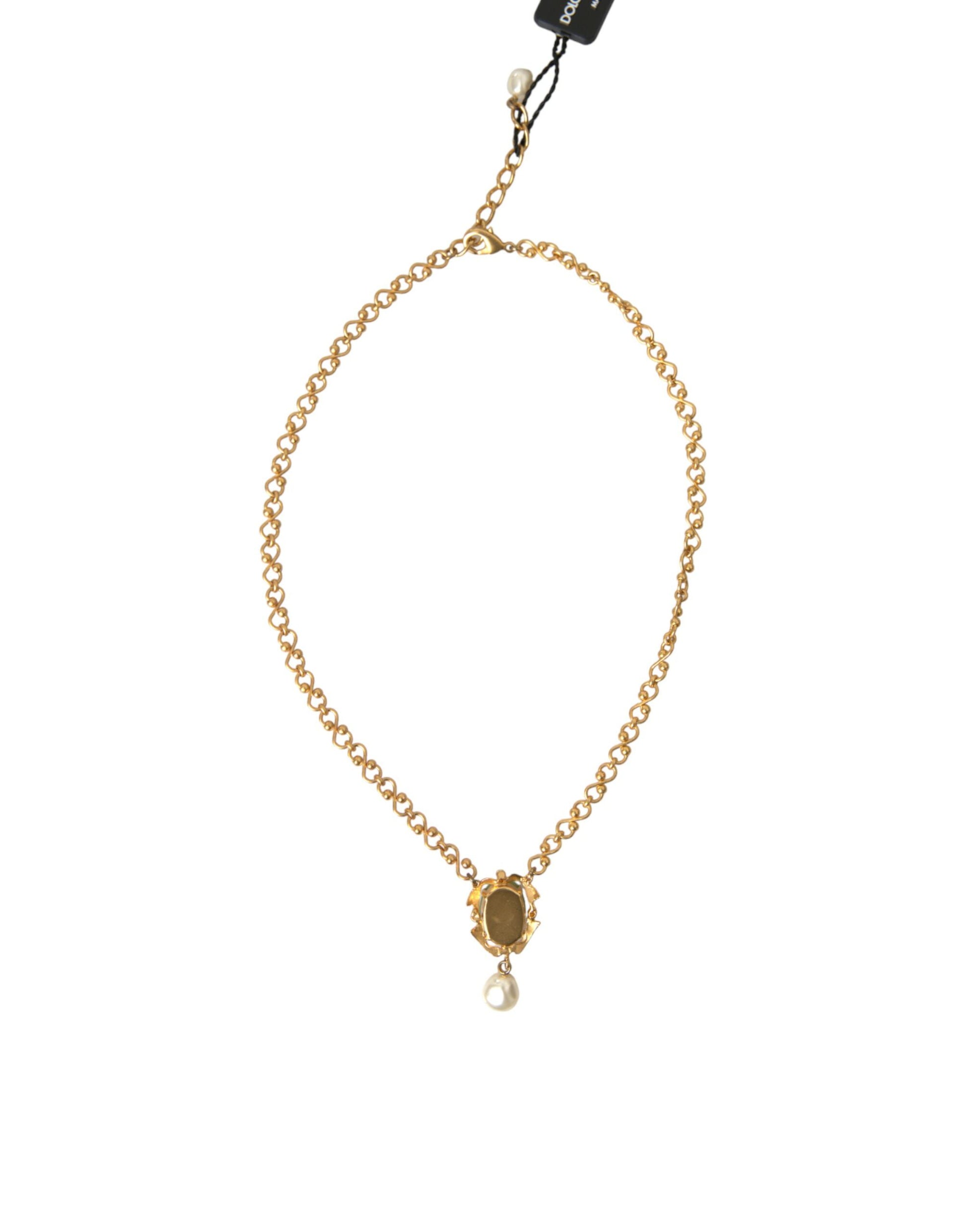 Dolce &amp; Gabbana Halskette mit Perlenanhänger aus goldener Messingkette