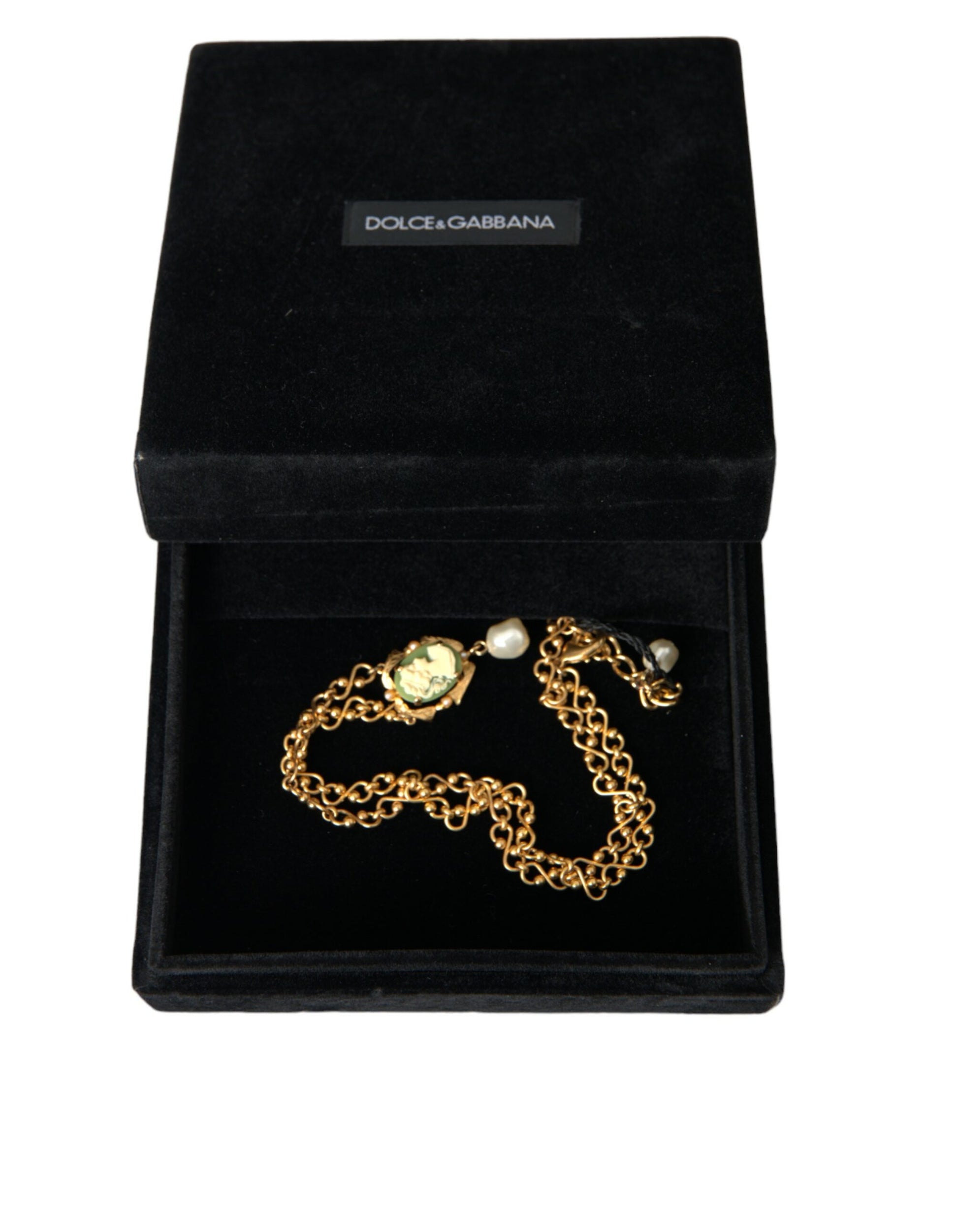 Dolce &amp; Gabbana Halskette mit Perlenanhänger aus goldener Messingkette
