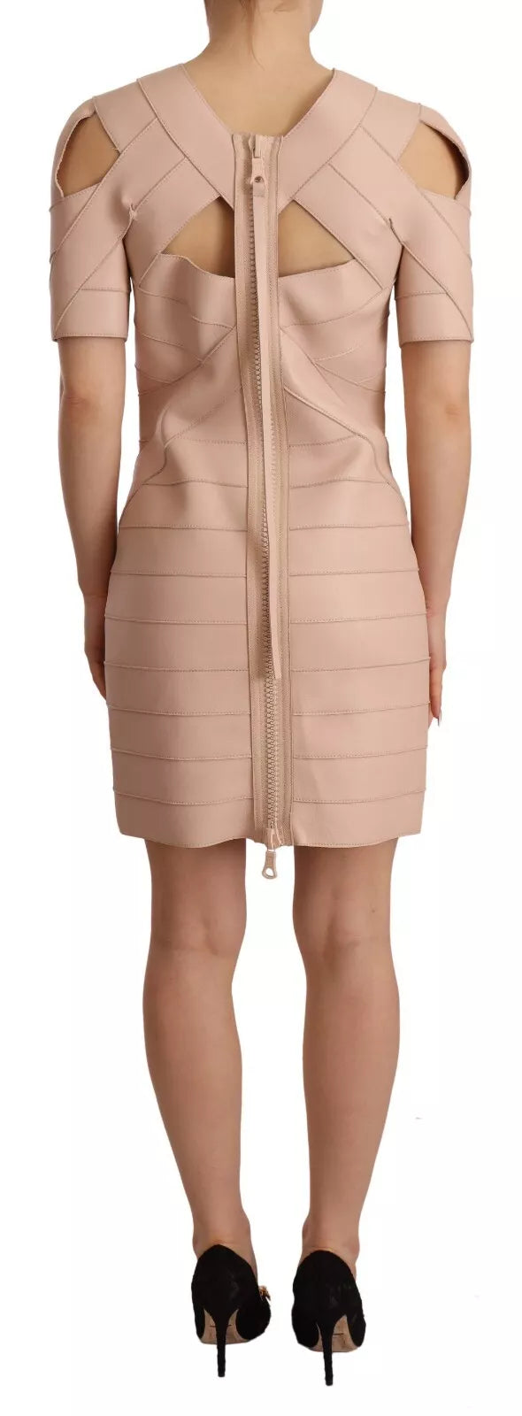 Dsquared² Beiges Mini-Etuikleid aus Leder mit offener Schulter