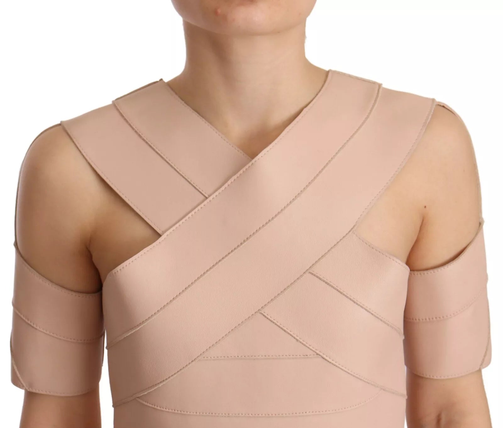 Dsquared² Beiges Mini-Etuikleid aus Leder mit offener Schulter