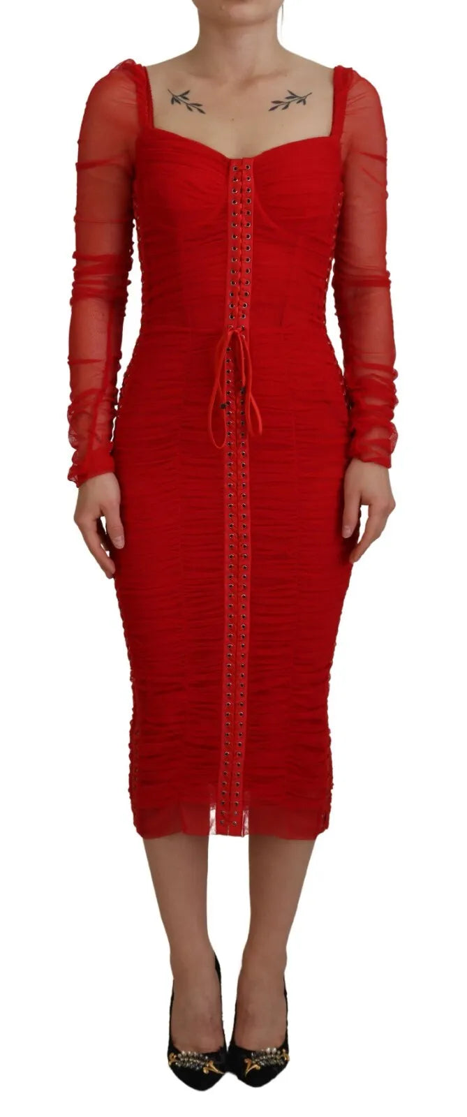 Dolce &amp; Gabbana – Figurbetontes Midikleid mit Netzbesatz in Rot