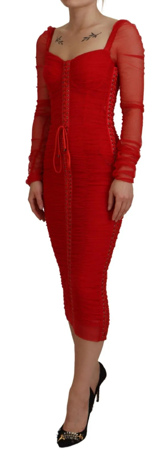 Dolce &amp; Gabbana – Figurbetontes Midikleid mit Netzbesatz in Rot