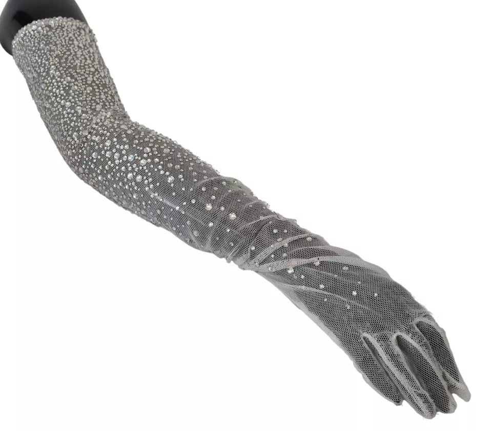 Dolce &amp; Gabbana – Ellenbogenlange Handschuhe aus Baumwolltüll in Weiß mit Kristallen