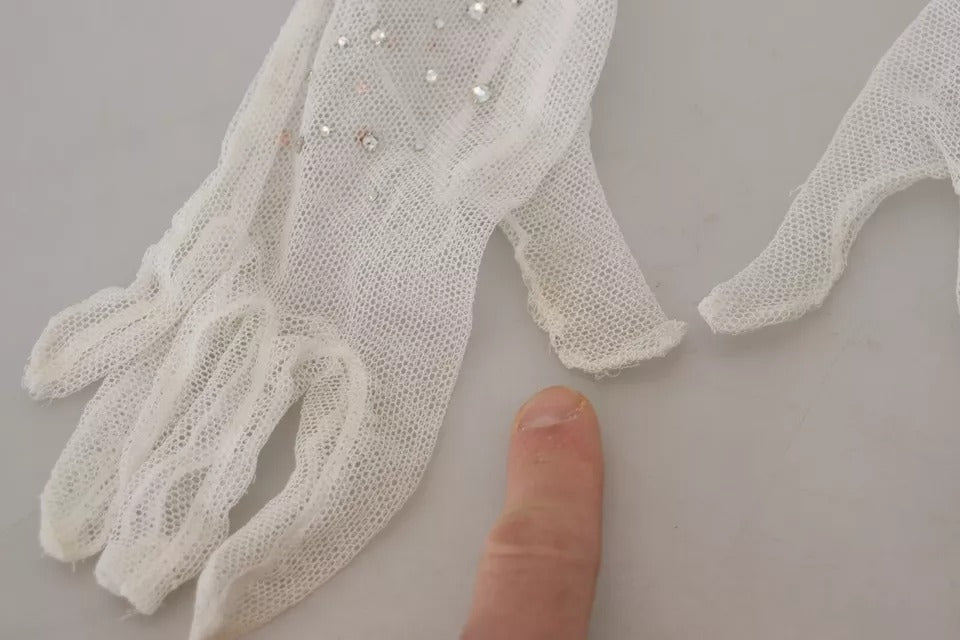 Dolce &amp; Gabbana – Ellenbogenlange Handschuhe aus Baumwolltüll in Weiß mit Kristallen