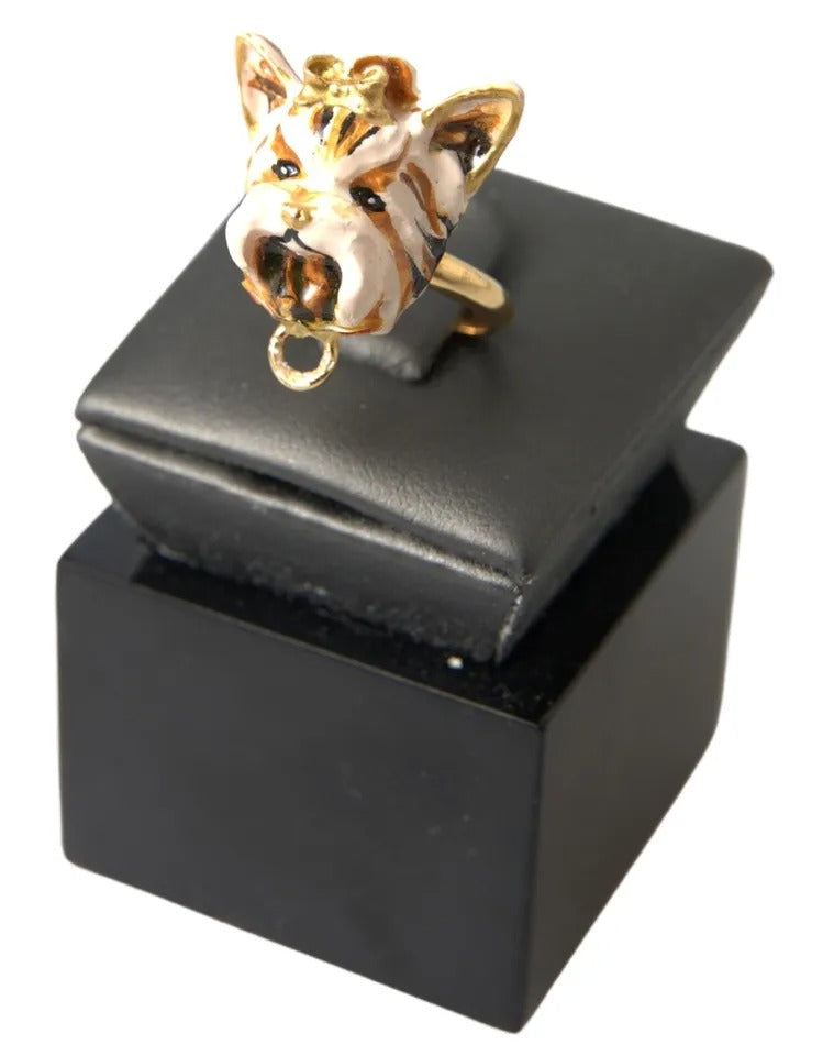 Dolce &amp; Gabbana Gold Messing Harz Beige Hund Haustier Accessoire Ring