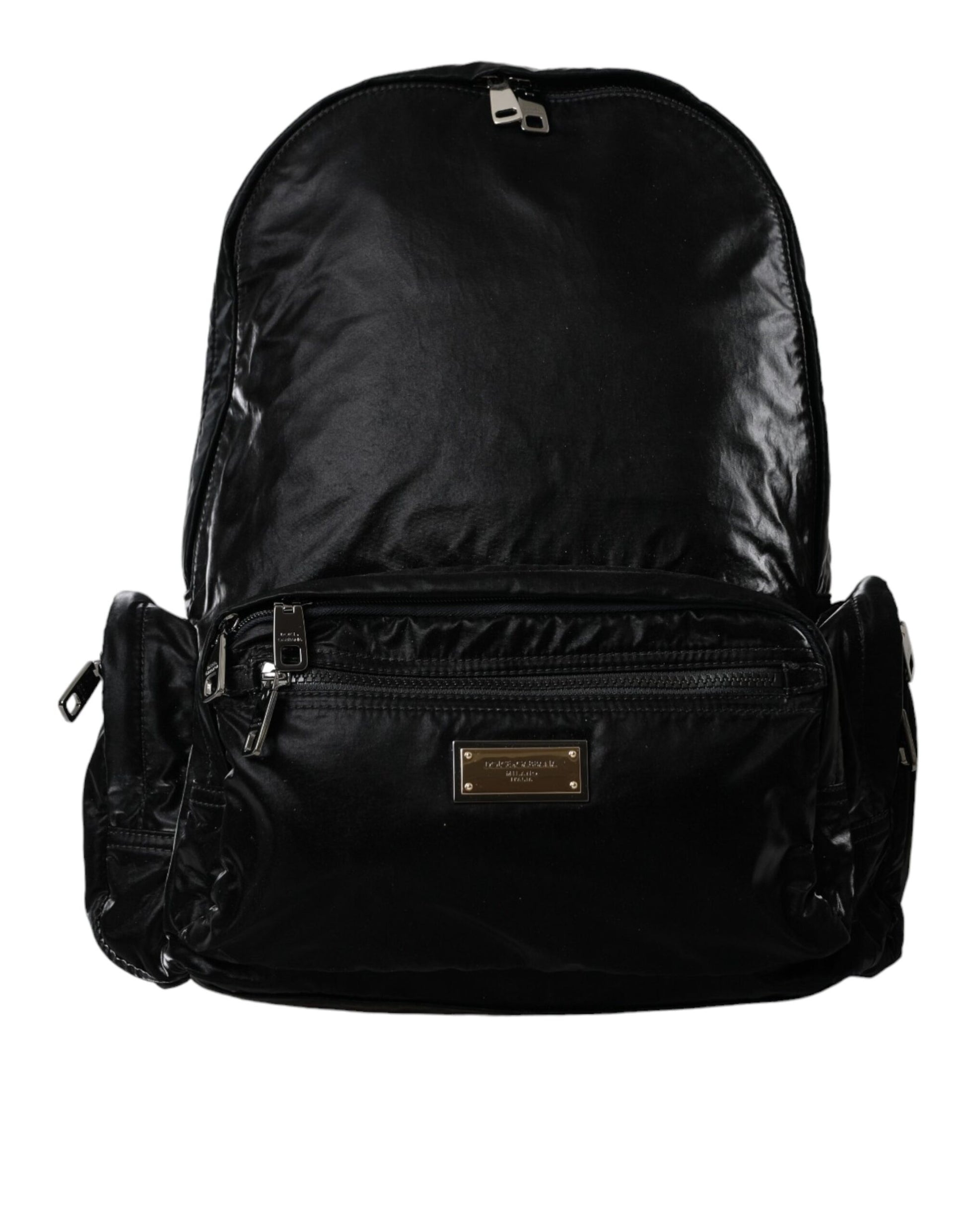 Dolce &amp; Gabbana – Rucksacktasche aus schwarzem Lackleder mit Logo-Plakette