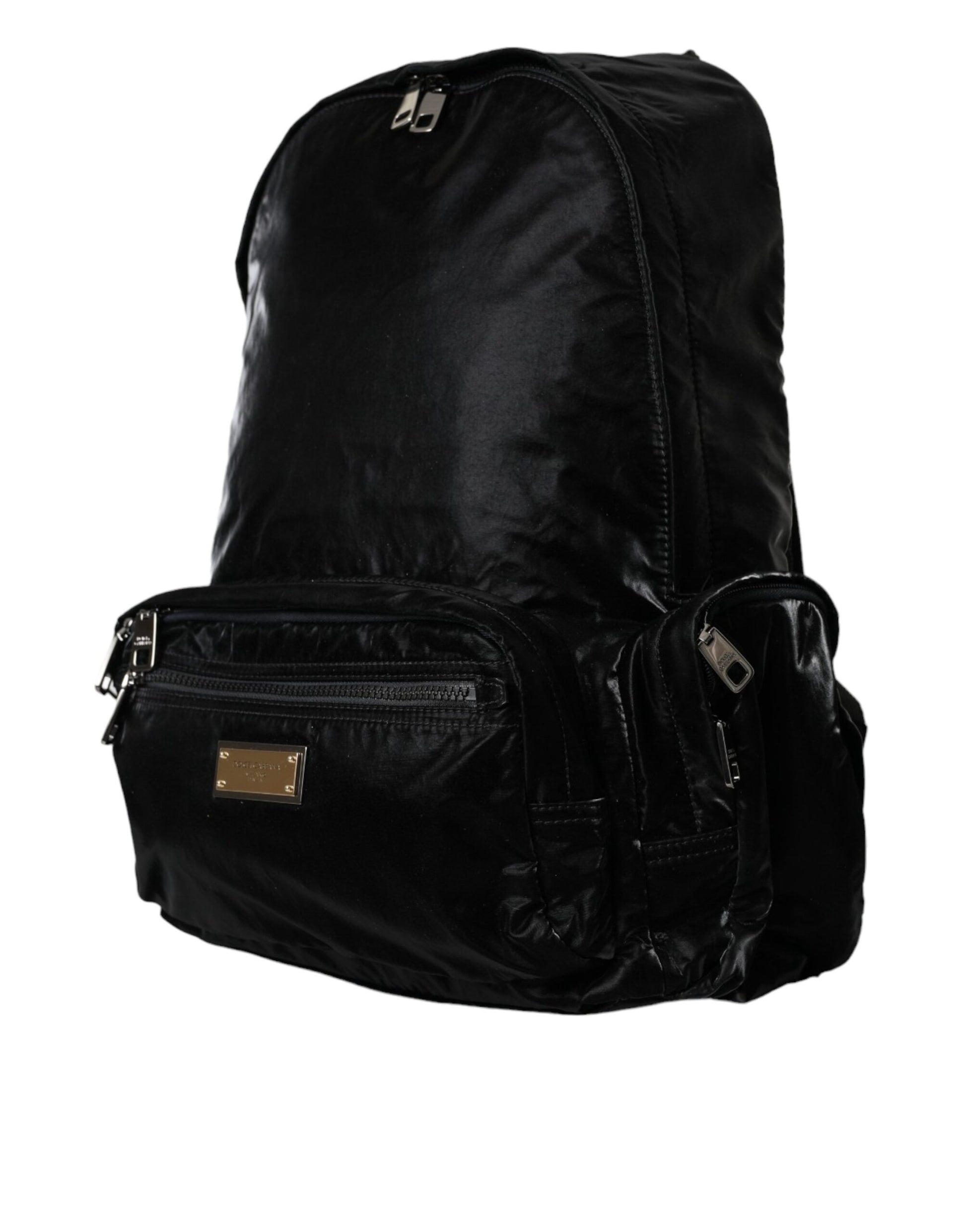Dolce &amp; Gabbana – Rucksacktasche aus schwarzem Lackleder mit Logo-Plakette