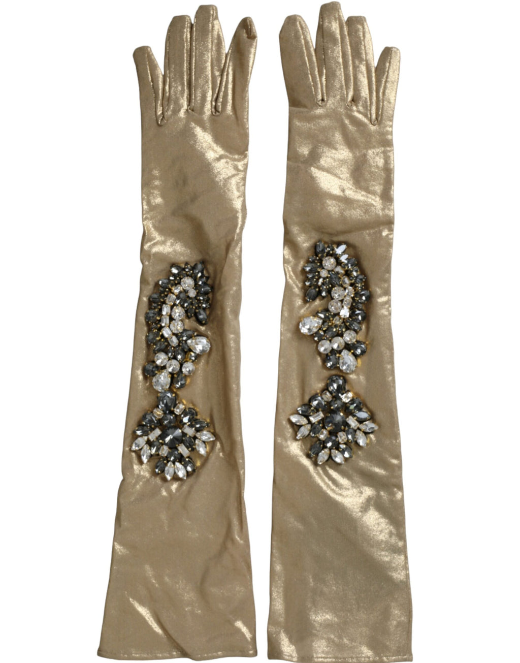 Dolce &amp; Gabbana – Beige Satin-Handschuhe mit Kristallen in Ellenbogenlänge