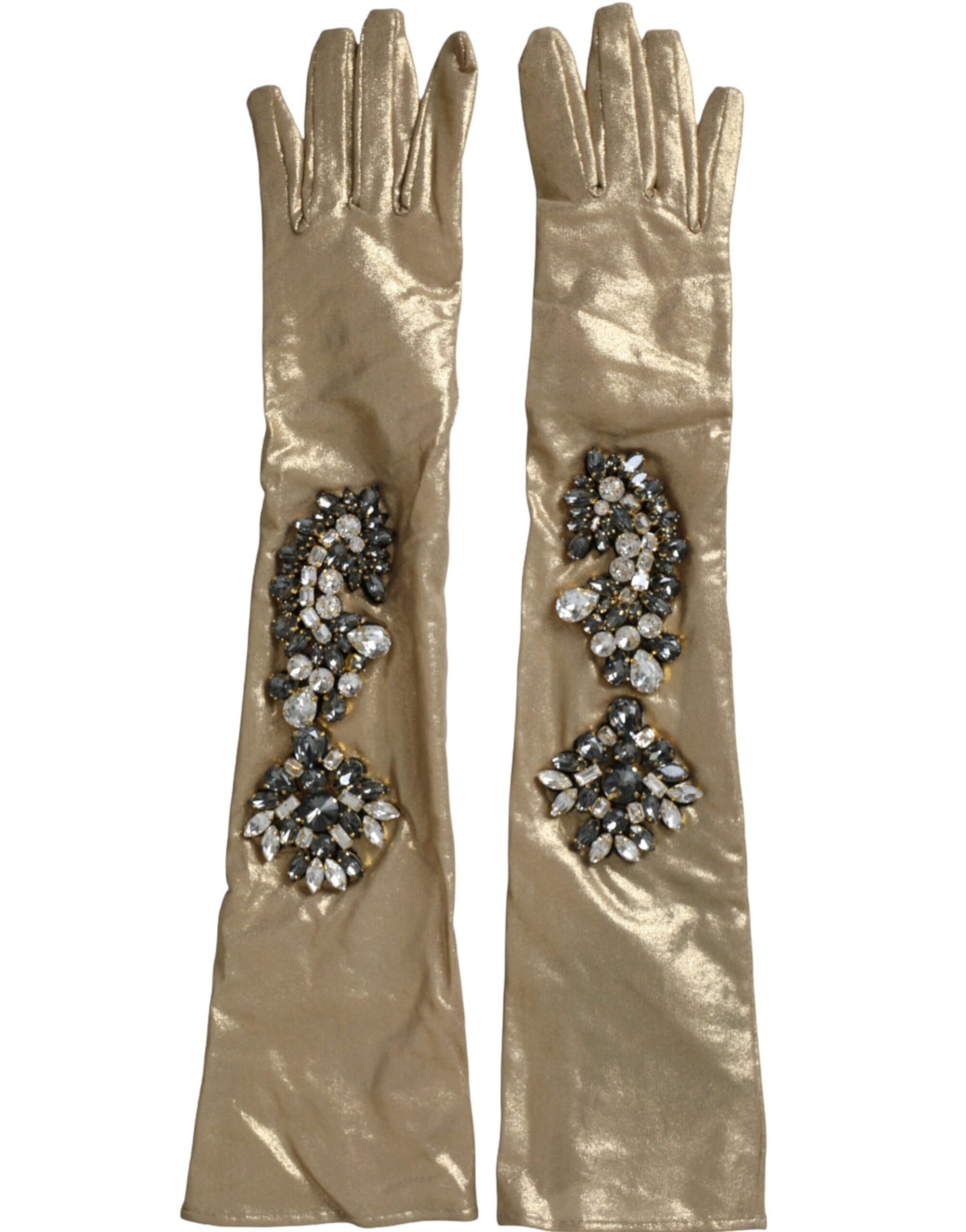 Dolce &amp; Gabbana – Beige Satin-Handschuhe mit Kristallen in Ellenbogenlänge