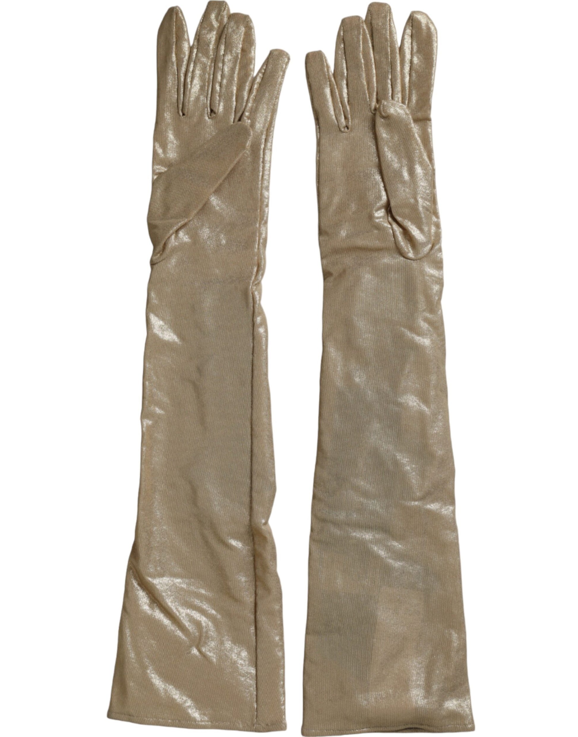 Dolce &amp; Gabbana – Beige Satin-Handschuhe mit Kristallen in Ellenbogenlänge