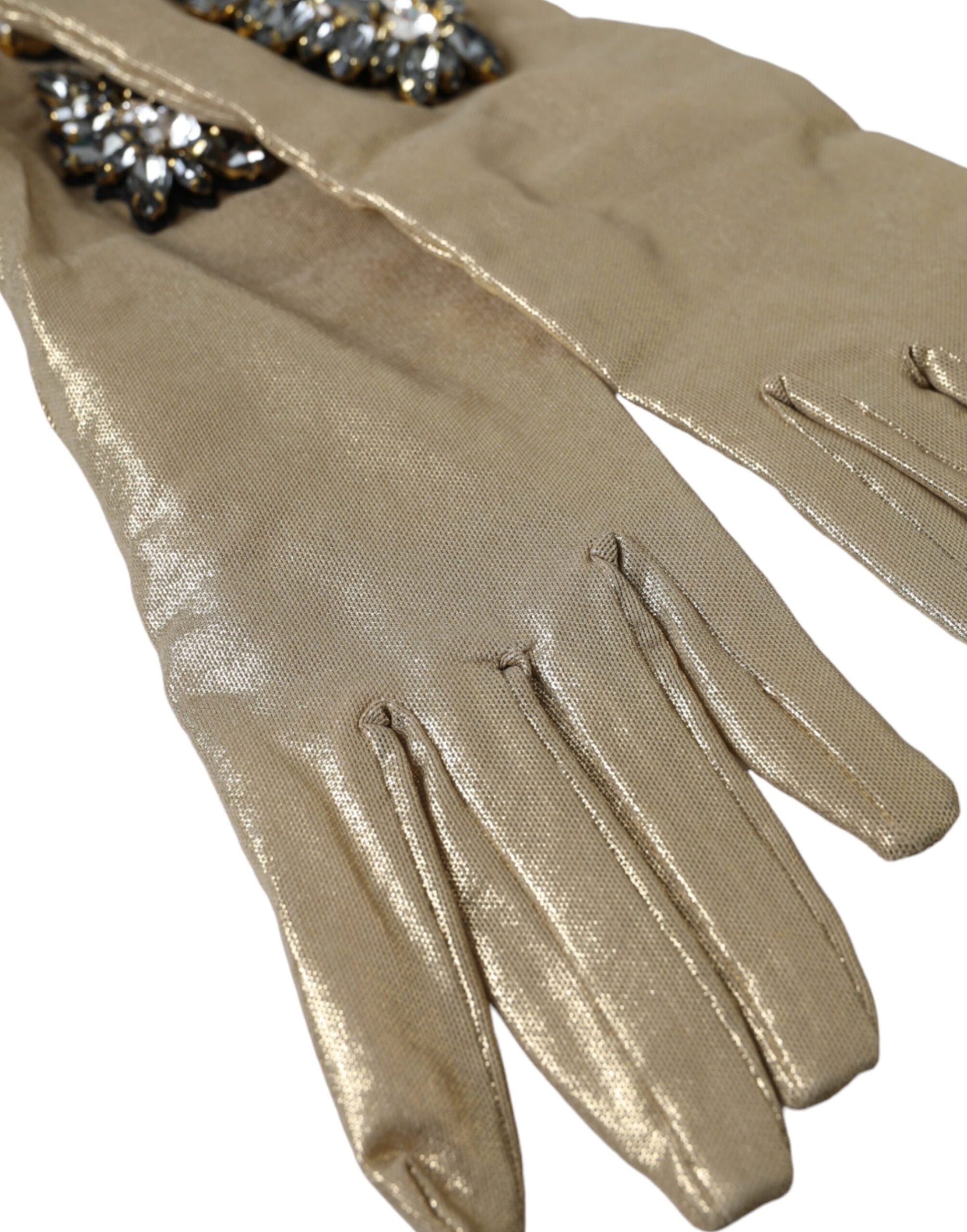 Dolce &amp; Gabbana – Beige Satin-Handschuhe mit Kristallen in Ellenbogenlänge