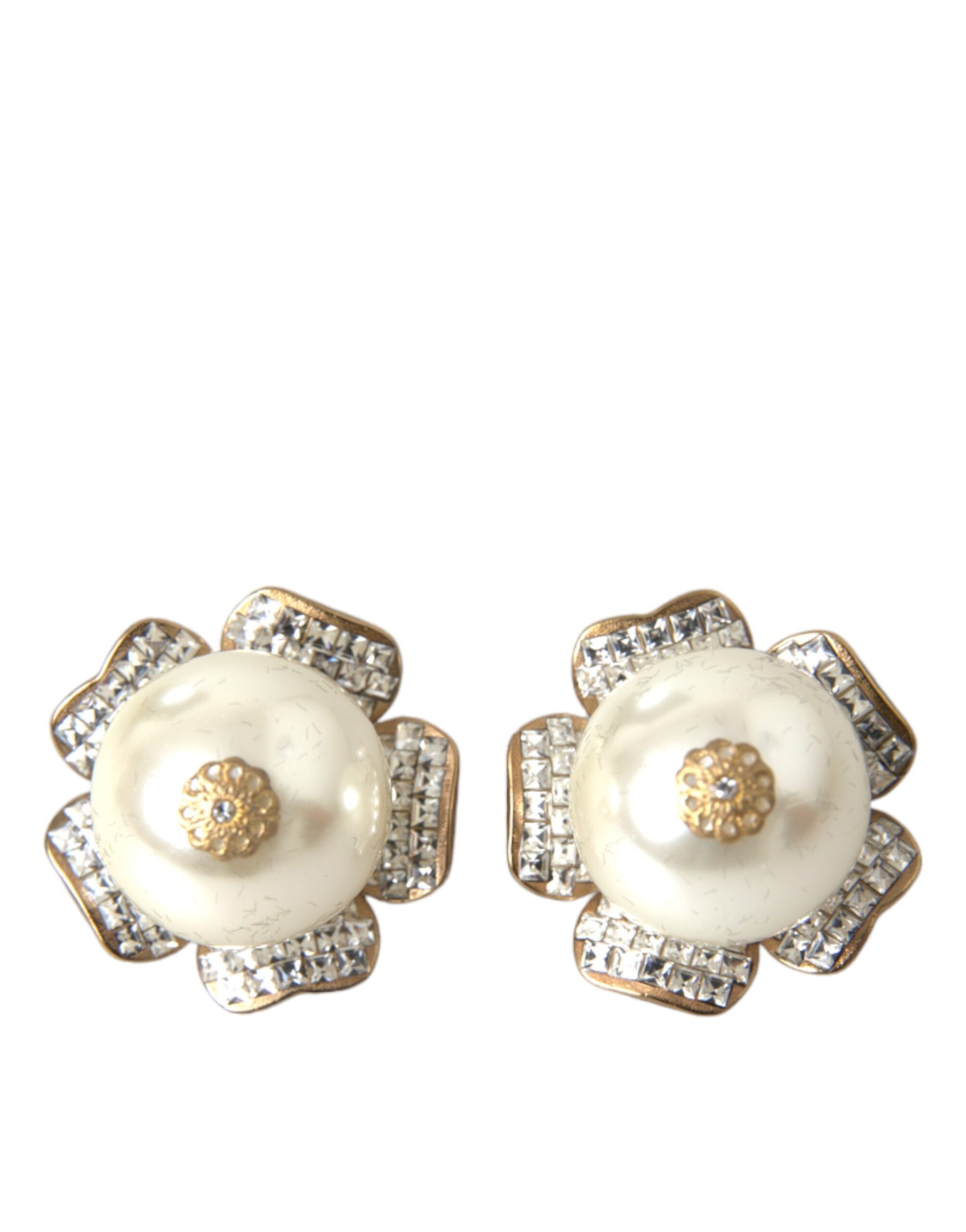 Dolce &amp; Gabbana – Goldfarbene Maxi-Ohrclips mit Kunstperlen und Blumenmuster