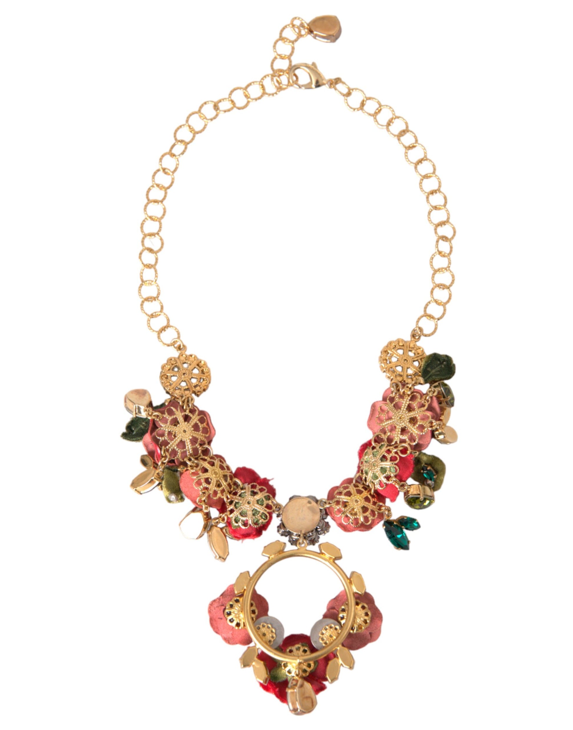 Dolce &amp; Gabbana – Halskette mit Gliederkette aus goldenem Messing und Rosenblüten-Kristallanhänger