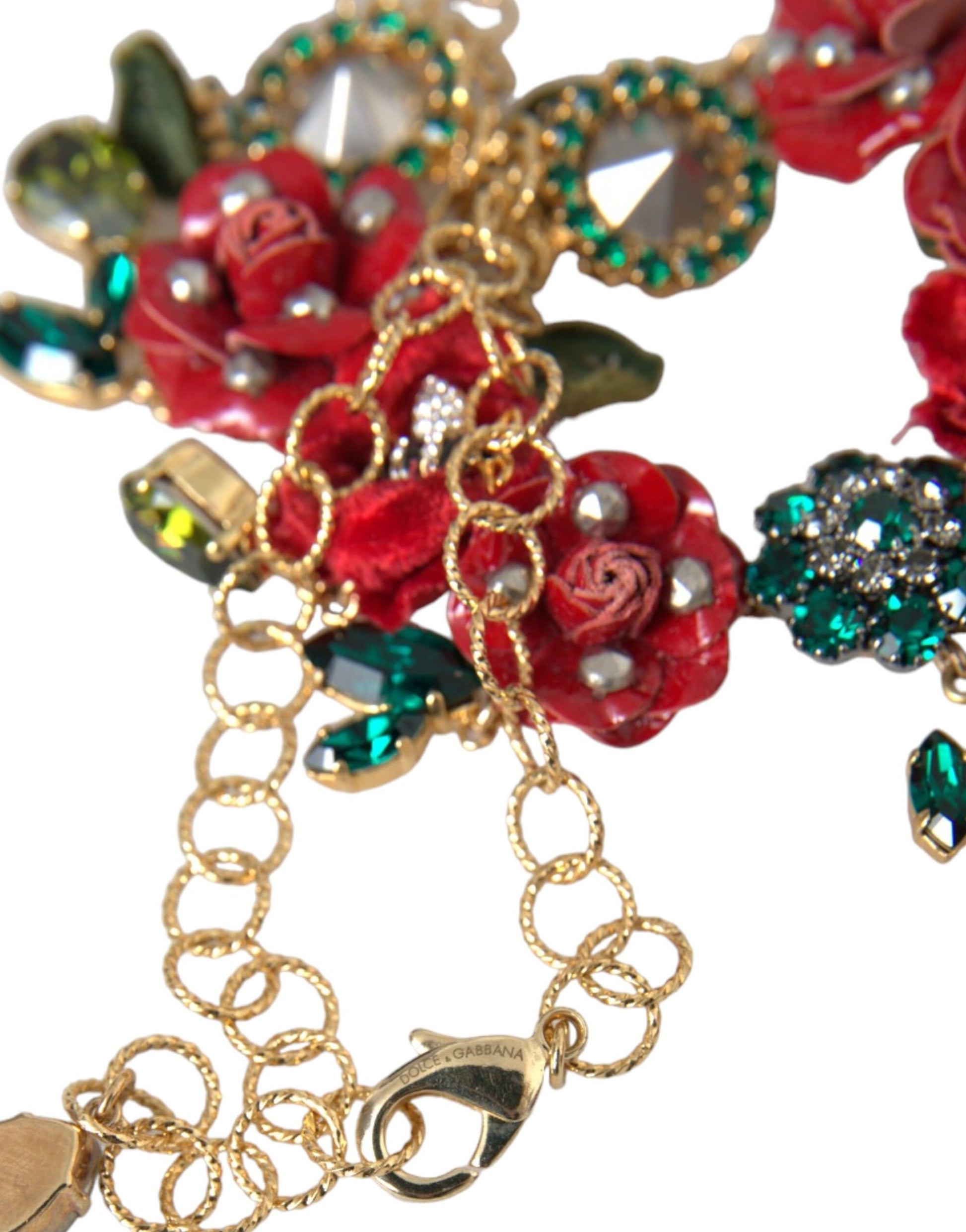 Dolce &amp; Gabbana – Halskette mit Gliederkette aus goldenem Messing und Rosenblüten-Kristallanhänger