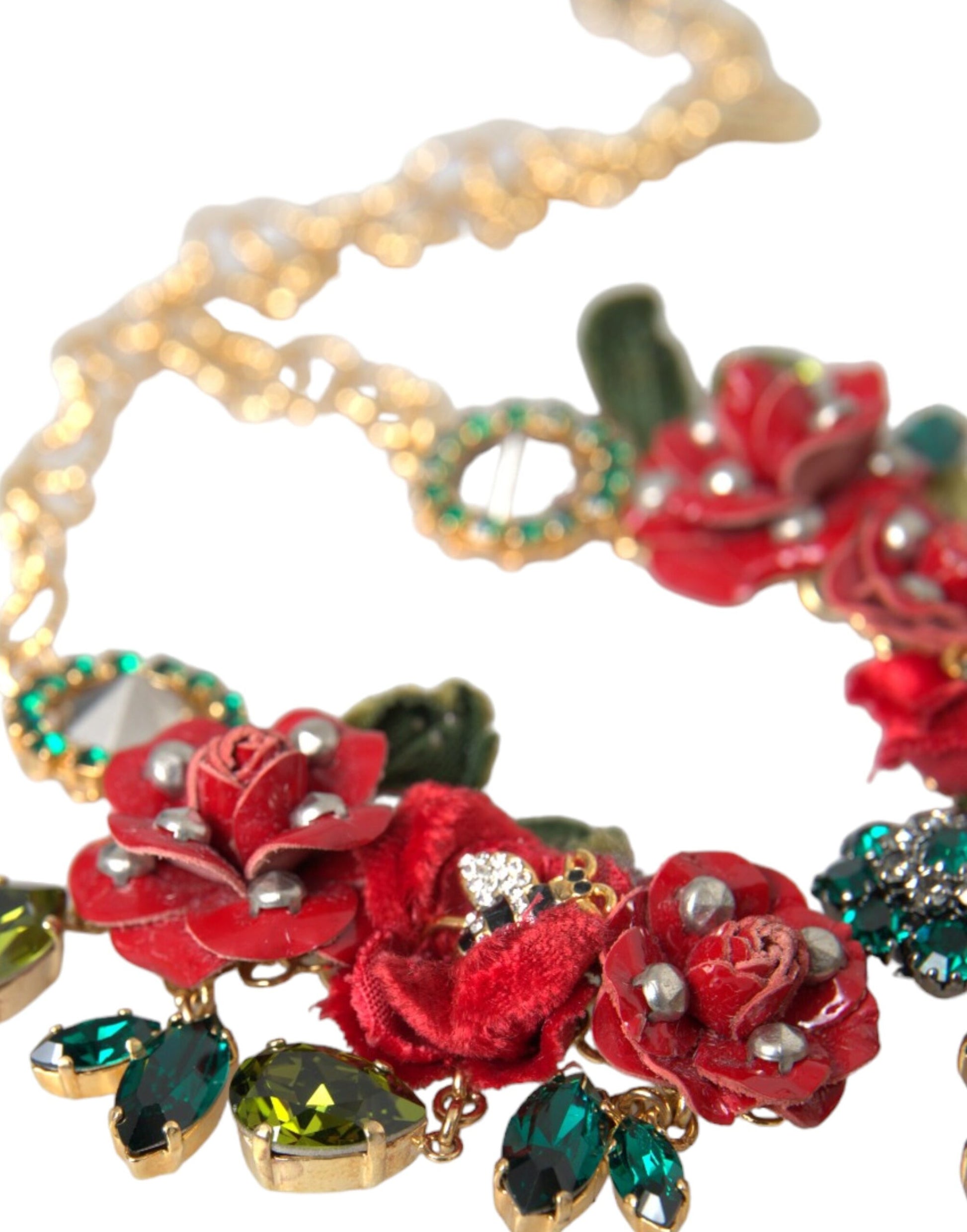 Dolce &amp; Gabbana – Halskette mit Gliederkette aus goldenem Messing und Rosenblüten-Kristallanhänger