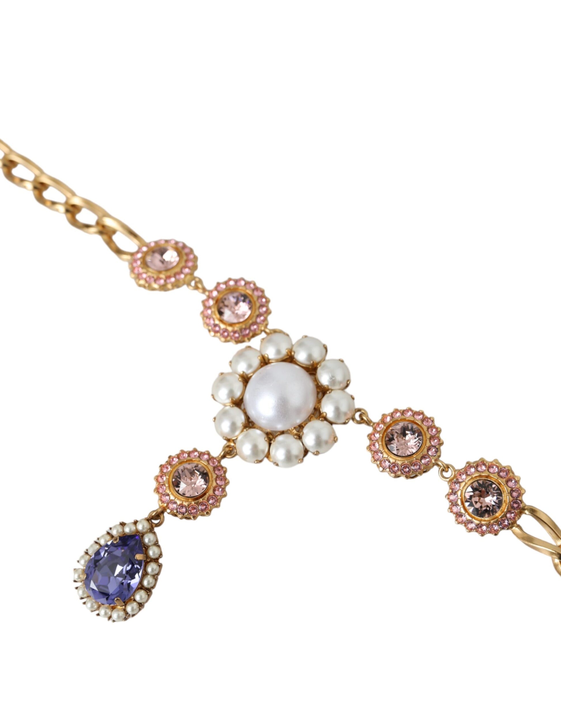 Dolce &amp; Gabbana Halskette mit Anhängern aus goldenem Messing mit Kristallen, lila und rosa Perlen
