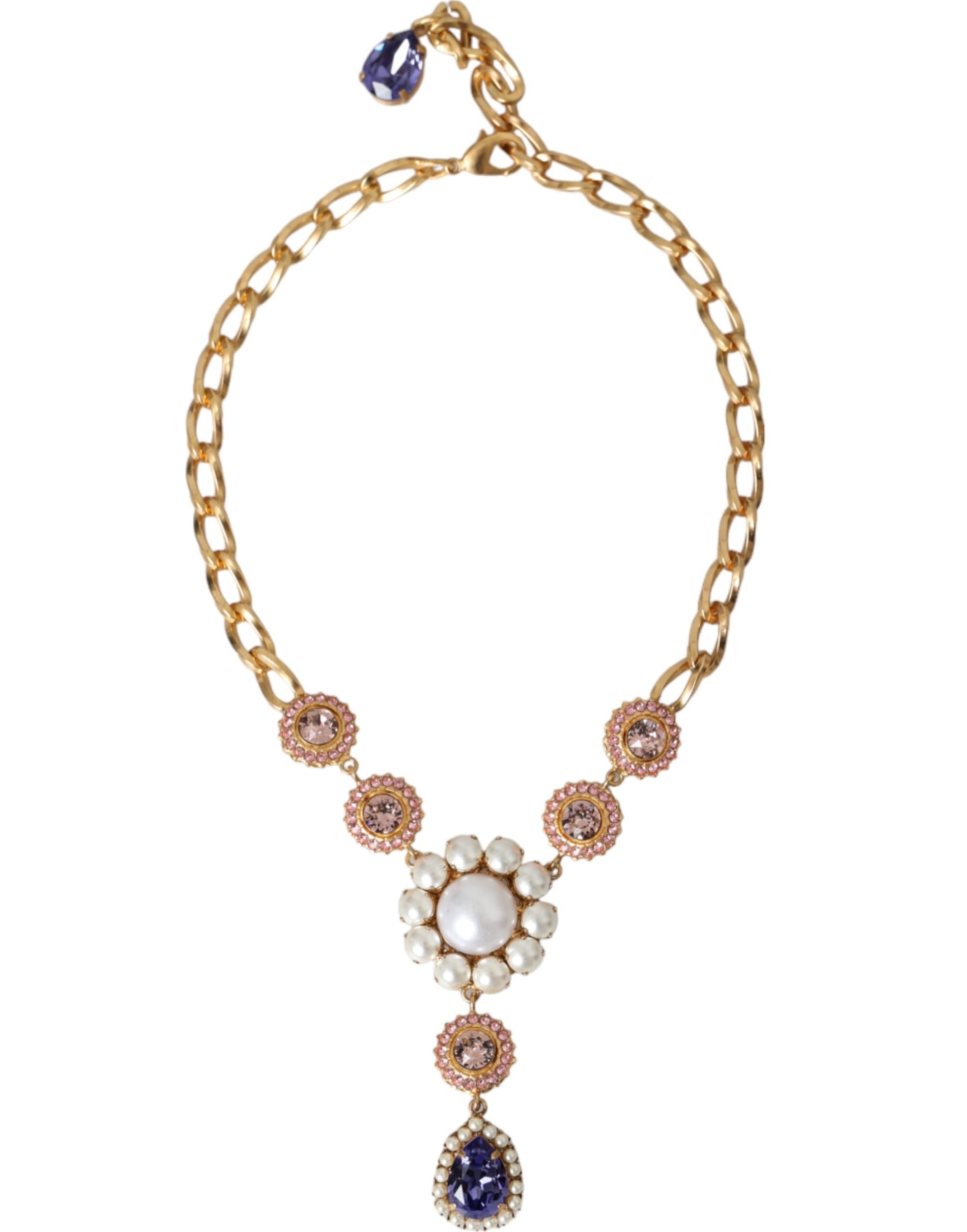 Dolce &amp; Gabbana Halskette mit Anhängern aus goldenem Messing mit Kristallen, lila und rosa Perlen