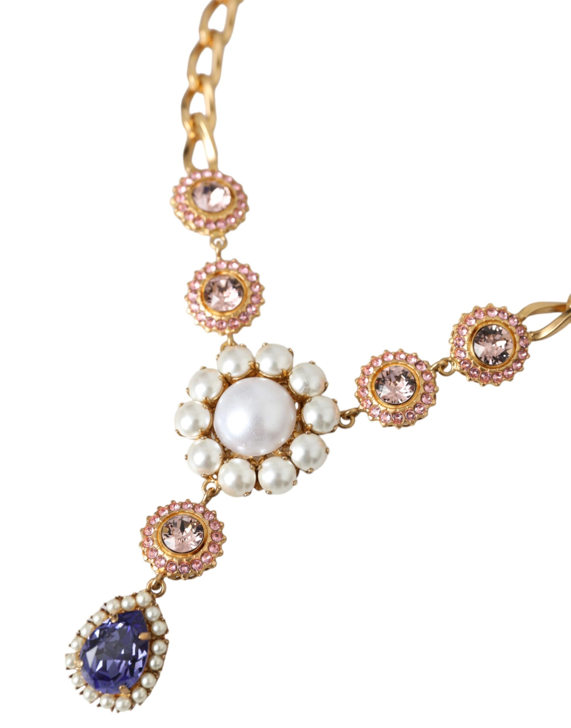 Dolce &amp; Gabbana Halskette mit Anhängern aus goldenem Messing mit Kristallen, lila und rosa Perlen