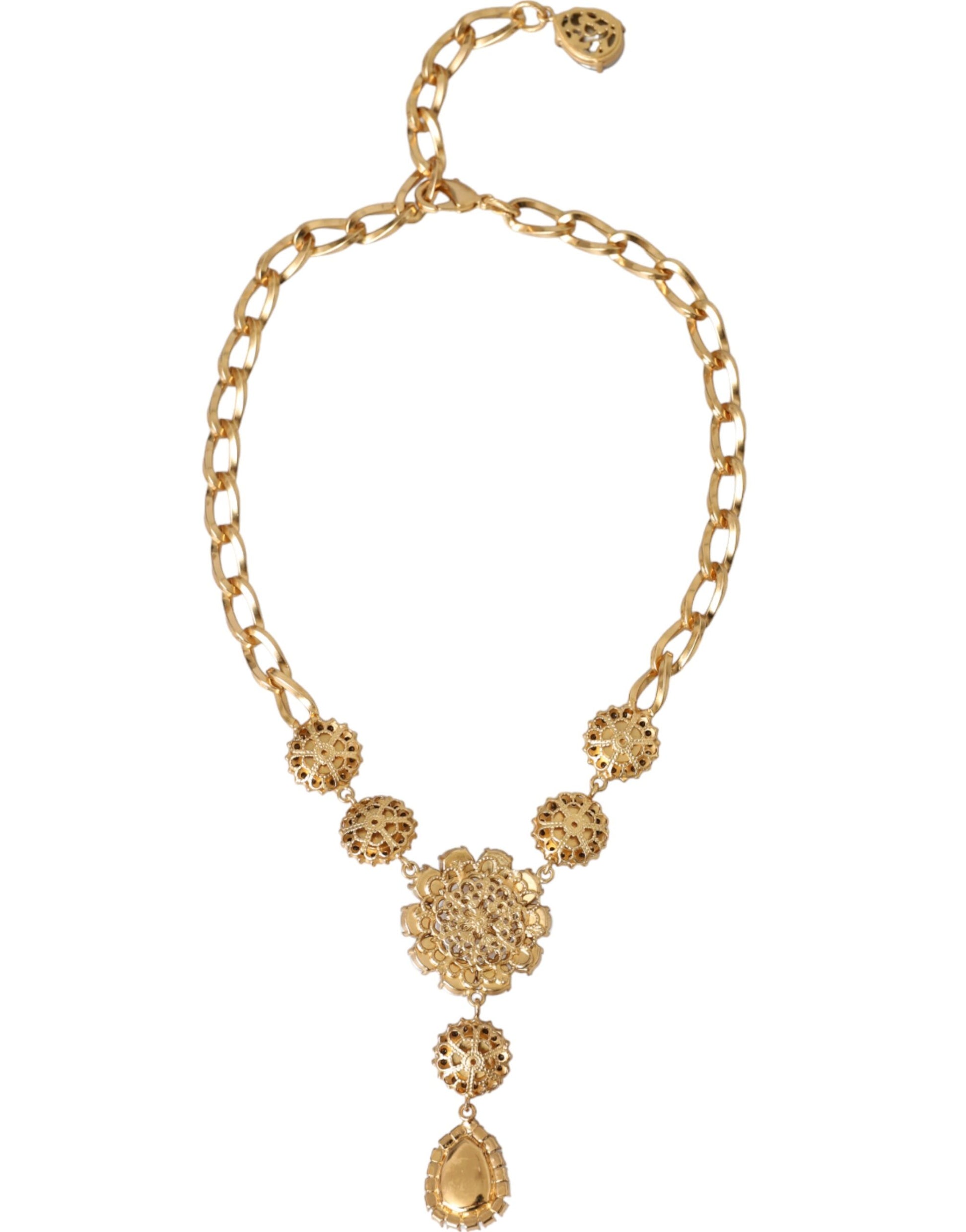 Dolce &amp; Gabbana Halskette mit Anhängern aus goldenem Messing mit Kristallen, lila und rosa Perlen