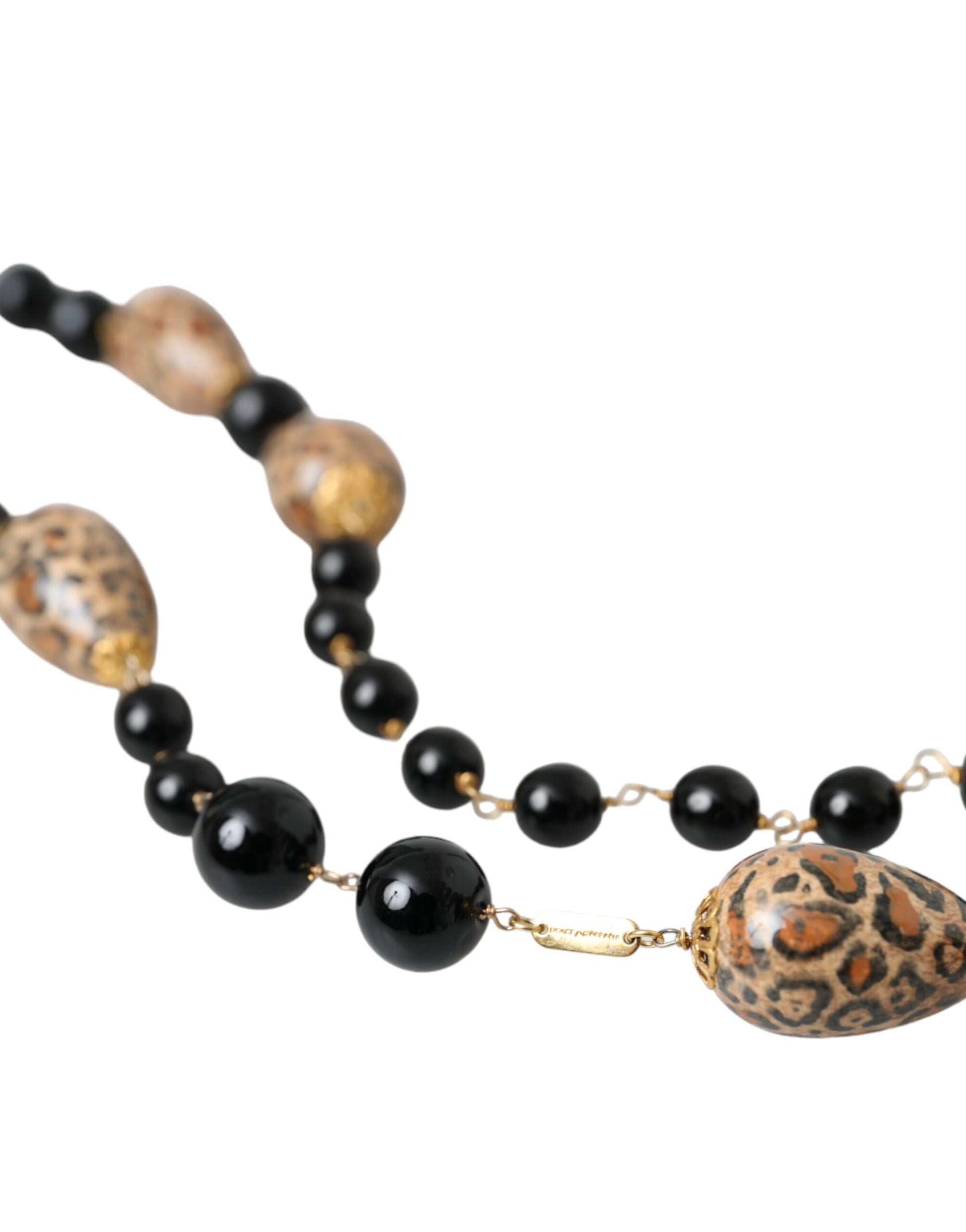 Dolce &amp; Gabbana – Lange Halskette aus goldfarbenem Messing mit schwarzen Perlen
