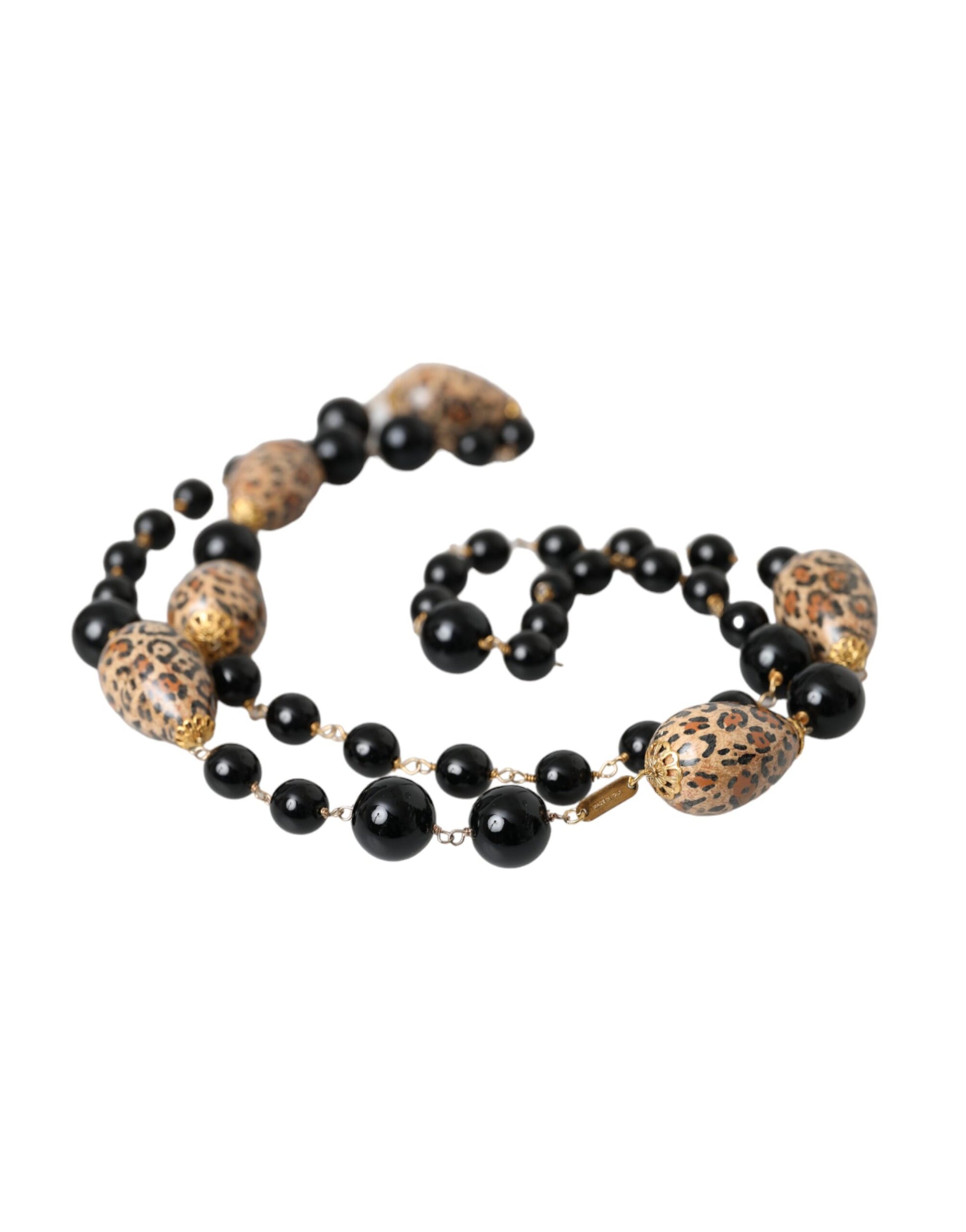 Dolce &amp; Gabbana – Lange Halskette aus goldfarbenem Messing mit schwarzen Perlen