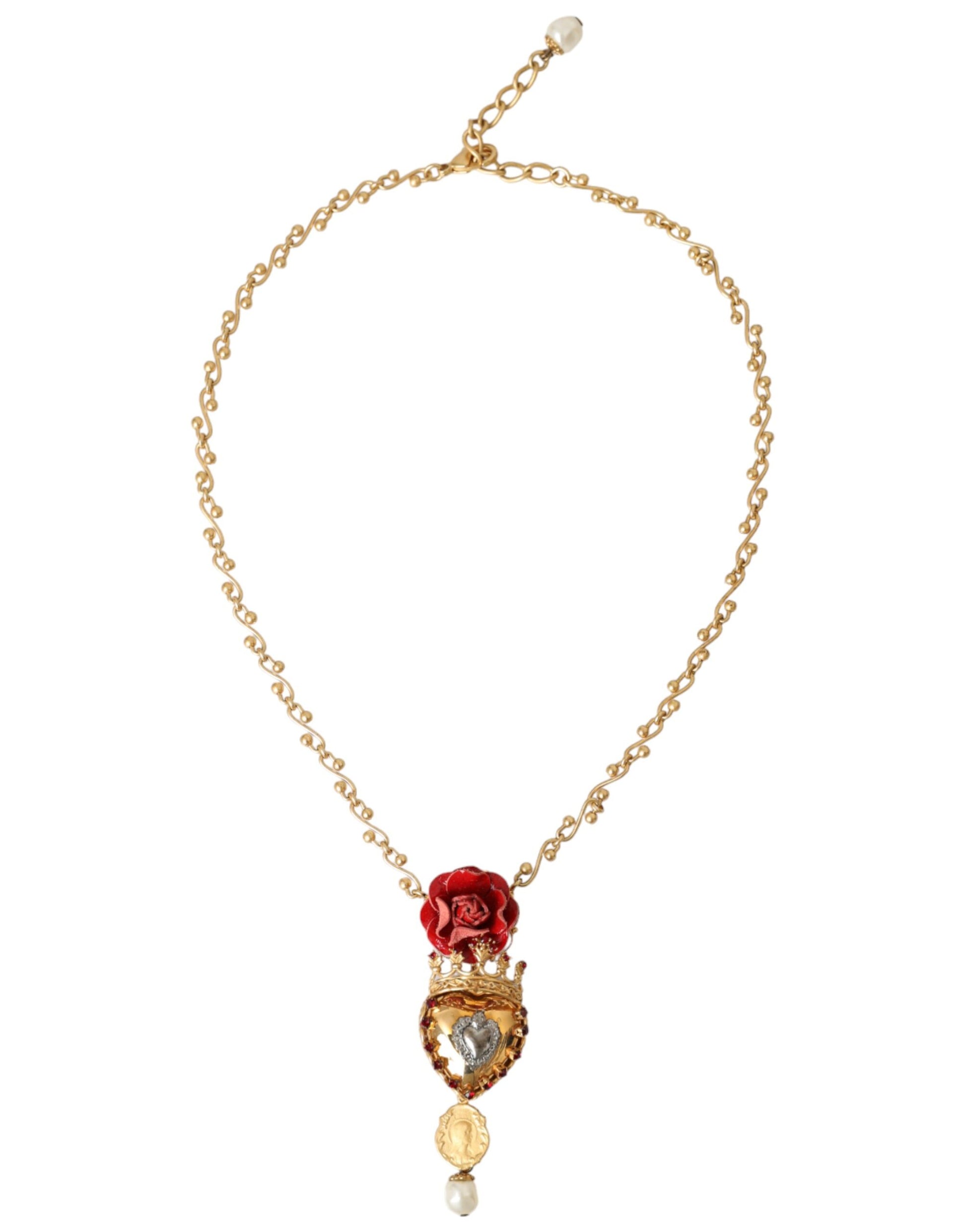 Dolce &amp; Gabbana – Halskette mit Rosen- und Kristallanhänger „Sacred Heart“ aus goldener Messingkette