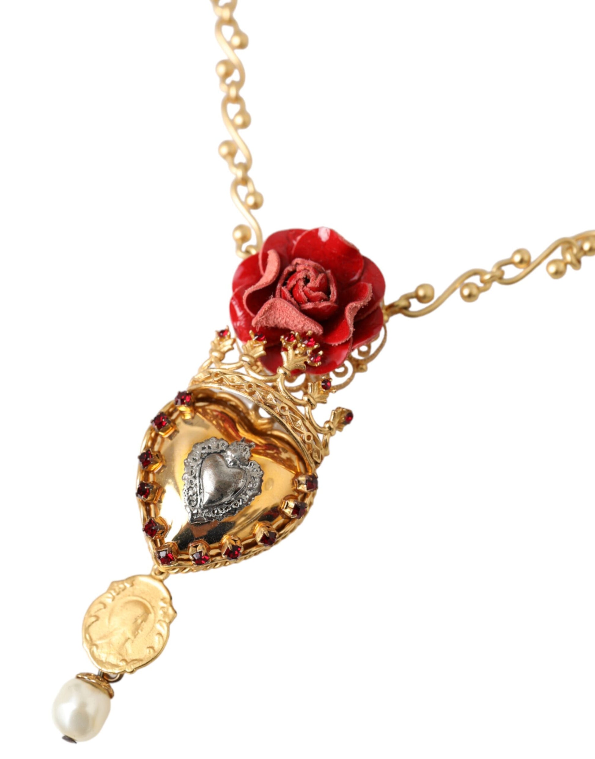 Dolce &amp; Gabbana – Halskette mit Rosen- und Kristallanhänger „Sacred Heart“ aus goldener Messingkette