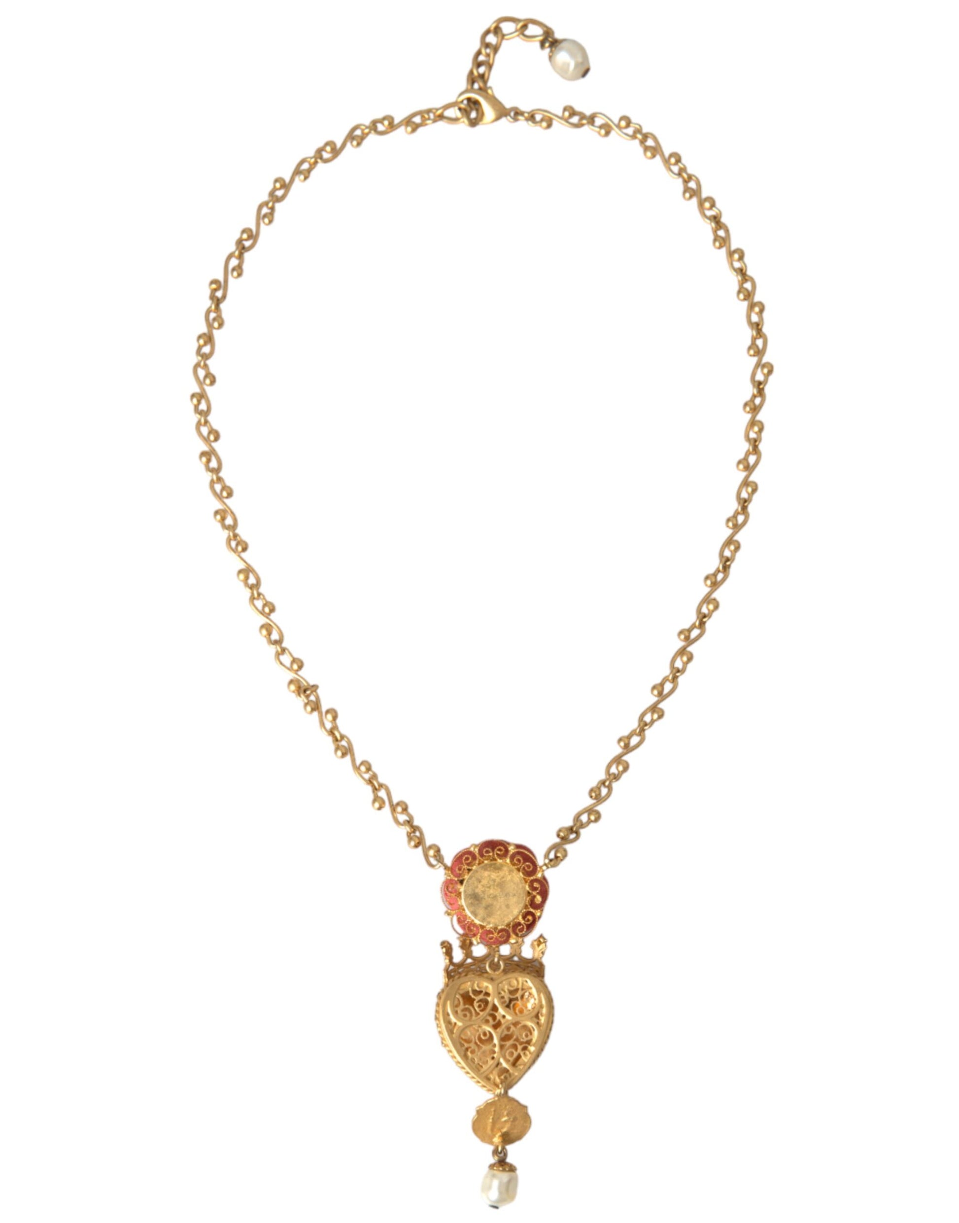 Dolce &amp; Gabbana – Halskette mit Rosen- und Kristallanhänger „Sacred Heart“ aus goldener Messingkette