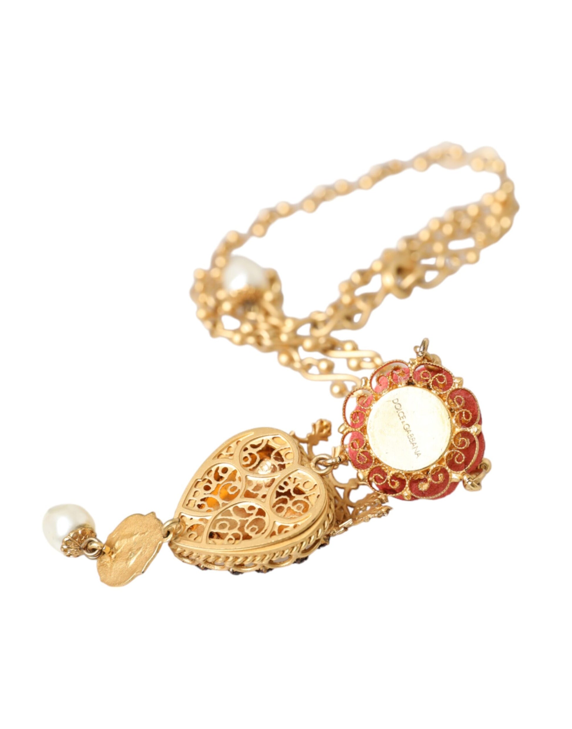 Dolce &amp; Gabbana – Halskette mit Rosen- und Kristallanhänger „Sacred Heart“ aus goldener Messingkette
