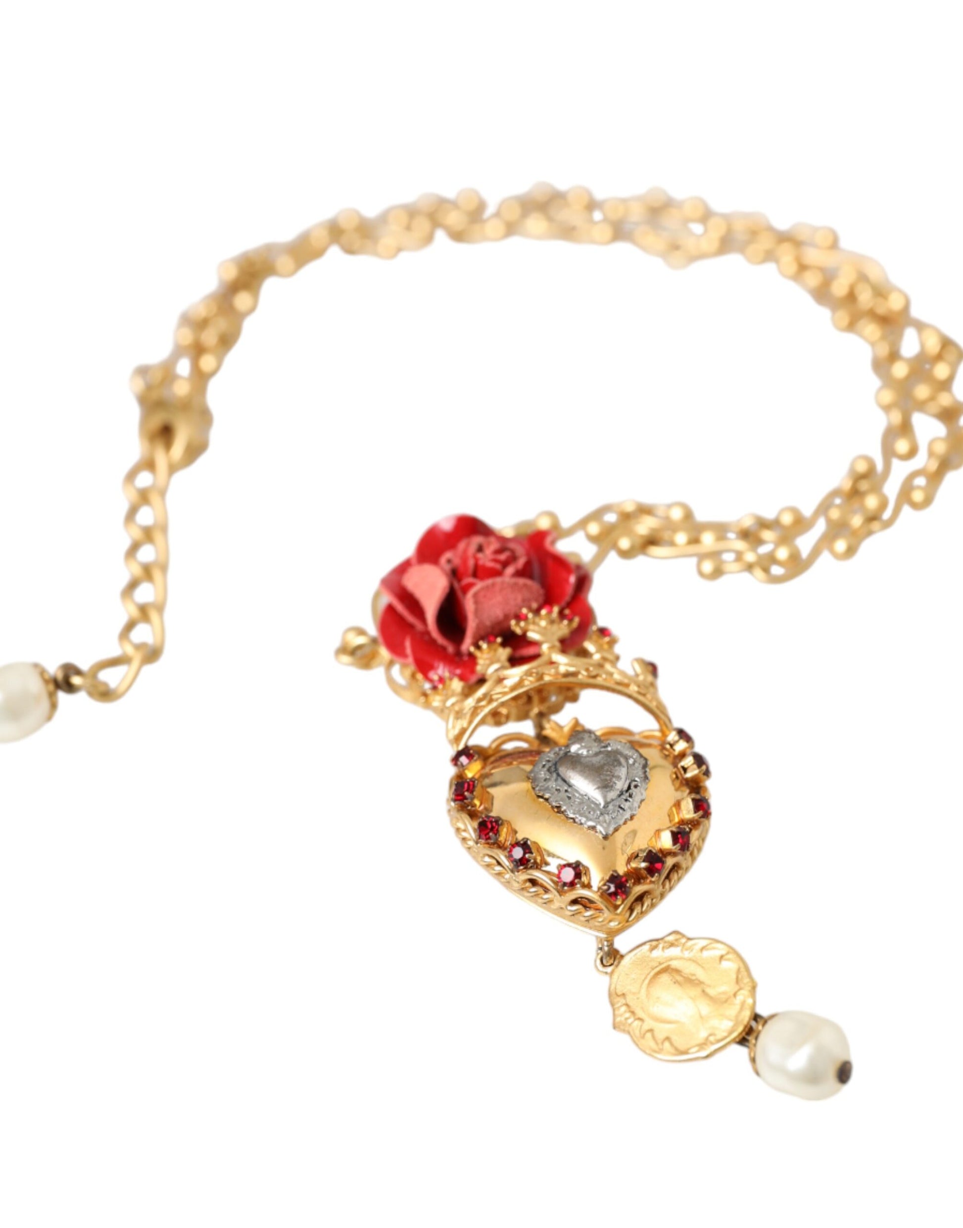 Dolce &amp; Gabbana – Halskette mit Rosen- und Kristallanhänger „Sacred Heart“ aus goldener Messingkette