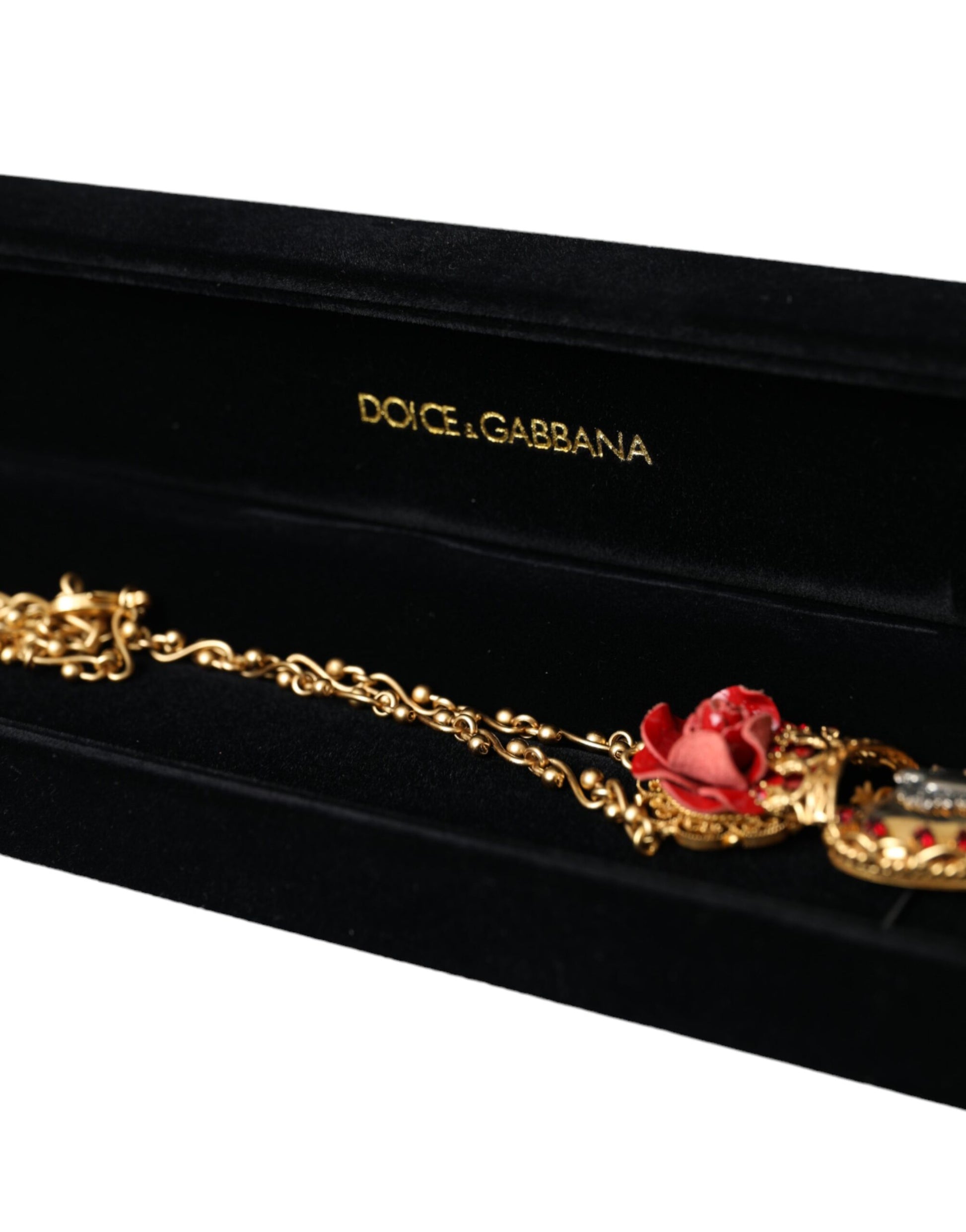 Dolce &amp; Gabbana – Halskette mit Rosen- und Kristallanhänger „Sacred Heart“ aus goldener Messingkette