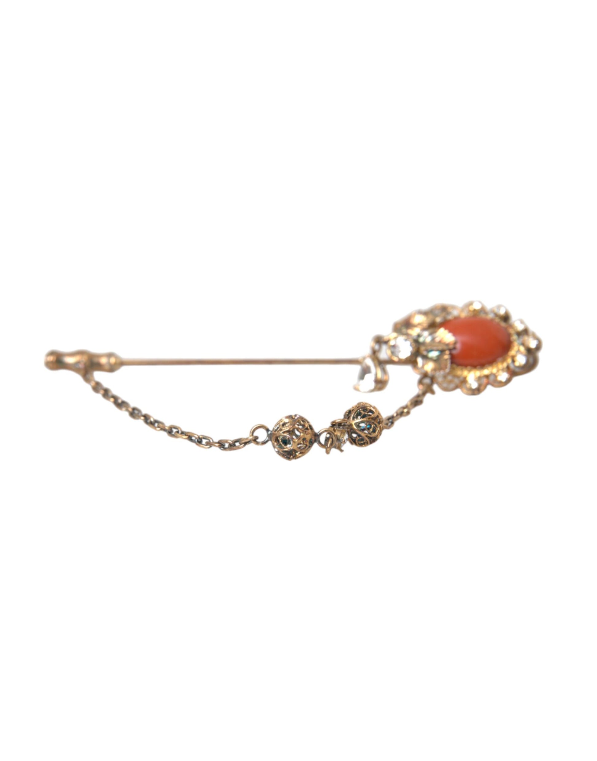 Dolce &amp; Gabbana Gold Messing Kristall Kette 925 Sterling Silber Pin Brosche
